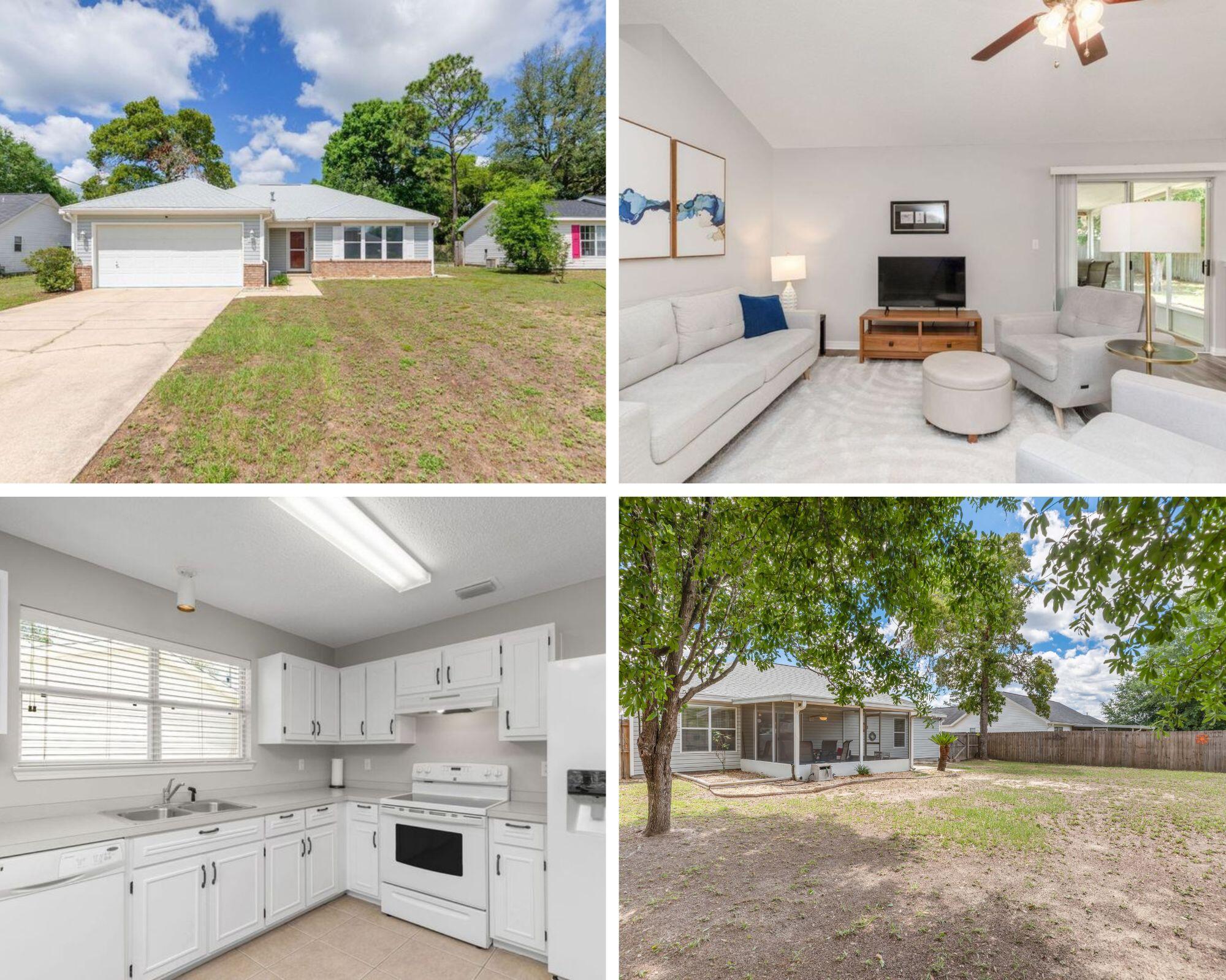 SOUTH CRESTVIEW HOME with LOW COUNTY TAXES!!! Spacious 3 bedroom 2 bathroom 2 Car Garage Home on Level Lot! This great split floor plan offers some nice updates throughout the home. New laminate wood flooring has been installed through the main living areas, hallway, and bedrooms (NO CARPET!) with tile flooring in the wet areas. This home has also been freshly painted for the new owners to enjoy. Just off the foyer, you are greeted by a large living room with vaulted ceiling with fan, offering a nice open feel. The kitchen and dining area has lots of cabinets and great storage, pantry, and appliances. The spacious master bedroom has triple windows, a wall-in closet, and private bathroom with vanity and tub/shower combo. There are two additional bedrooms on the opposite end of the home with a second full bathroom just off of the hallway for guests to enjoy. The home has an in-door laundry room with washer and dryer with access to the 2 car finished garage with auto opener, pulldown stairs, and lots of storage. Just off of the living room, you will find a HUGE 14x14 covered screened in porch with patio furniture. This porch is a wonderful space to enjoy the MASSIVE back yard. Just off the porch is an open patio ready for your BBQ grill. There is an open deck in the back yard set up for a fire pit area as well. The home has a privacy fenced back yard and rain gutters. This home has a 2015 roof and 2024 hot water heater and 2013 HVAC (cleaned and serviced in 2024). This home is an amazing opportunity that won't break the budget. Don't let your opportunity to own this home slip away...schedule your showing TODAY!!!