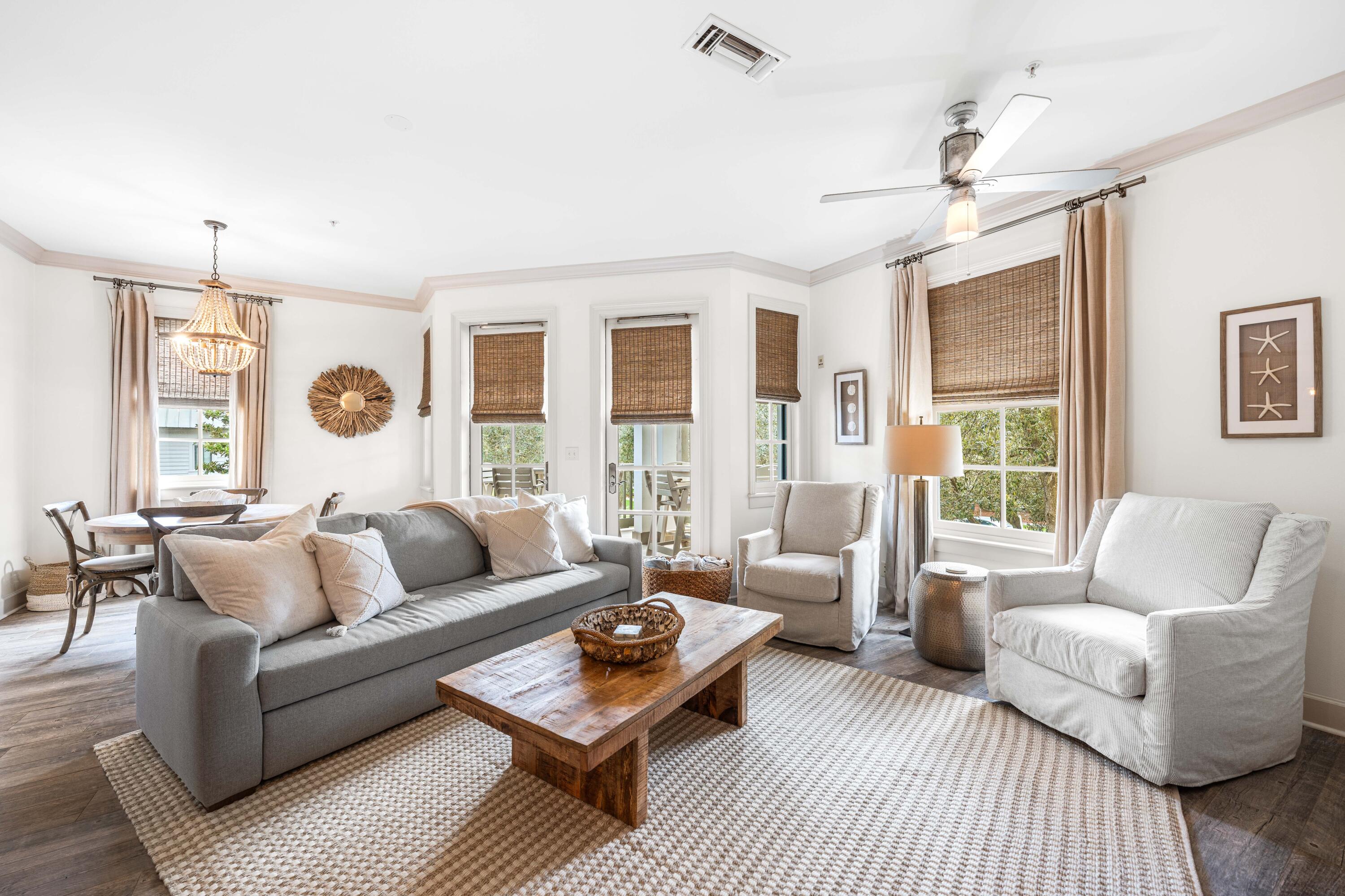 Relax and enjoy the ease of owning this beautiful sunny condo in Rosemary Beach. The spacious corner balcony offers views of East Long Green Park where the farmers market and holiday markets are held. Featuring two bedrooms plus a bunk room there is plenty of room for your entire family. Newly paint, furnishings, rugs, and washer/dryer in 2025. This condo offers easy access to all of the shops and restaurants in town center. Information is deemed to be reliable, but is not guaranteed.
