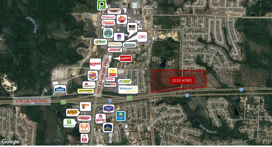 Bank-owned 52.52 acres located in Crestview in the NE quadrant of the I-10 (26,000 VPD) & Highway 85 (46,000 VPD) intersection. The Crestview market continues to grow rapidly with its population, stability, and large military presence. Crestview is now the most populated city within Okaloosa County. The 52.52 acres has excellent exposure being located along the heavily trafficked I-10 and located just east of the busy I-10/Hwy Intersection. There are numerous national retailers, restaurants, and hotels nearby on Hwy 85 which include; Wal-Mart Supercenter, Publix, Lowe's, Hibbett Sports, Bealls Outlet, Staples, Starbucks, Walgreen's, Applebees, Taco Bell, Dunkin' Donuts, Panera Bread, Zaxby's, Arby's, Hooters, Big Lots, and Firehouse Subs.