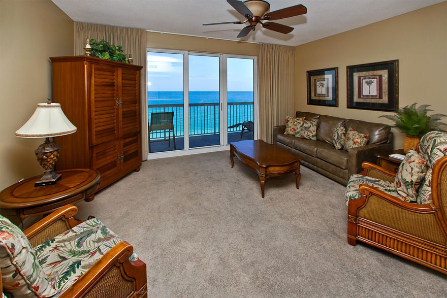 Welcome to Seychelles Beach Resort, a beautiful Gulf front 22-storycondominium on the East end of Panama City Beach offering spectacular views of the Gulf of Mexico. This unit is a beautiful 1-bedroom, 2 bathroom fully furnished Gulf front condo with a private balcony and hallway bunks. The unit is being sold fully furnished and decorated. Interior features 9 ft. ceilings, large sliding doors to maximize the views, tile floor in the entry, kitchen & bathrooms and carpet in the living area and bedroom. The kitchen includes a breakfast bar perfect for casual dining and has a crisp look with the white appliances and cabinets. It is open to the living area with a magnificent view of the Gulf of Mexico. The 9th floor is an ideal location in the building and this is an incredible value.