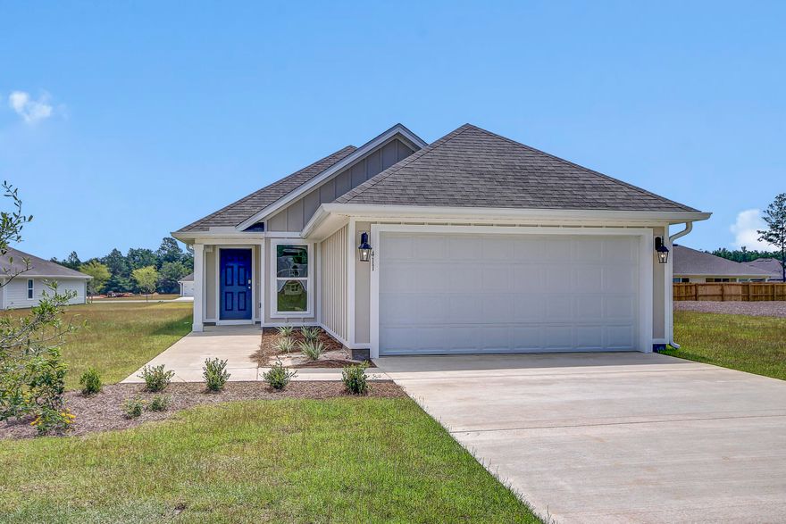 This community is located in Freeport Florida and with immediate access to Hwy 20, Hwy 331, and Interstate 10. The beaches of South Walton are approximately 25 - 30 minutes away and the commute time to Panama City Beach is about 45 minutes via Hwy 20. | The Celeste plan is a 1 story home featuring 3 bedrooms and 2 bathroom. The open concept floorplan offers Ivory shaker style cabinetry, soft close drawers and granite countertops in the kitchen and bathrooms. Your primary bedroom offers 2 closets and an en-suite that has a tub you can relax in after a long day at the beach.