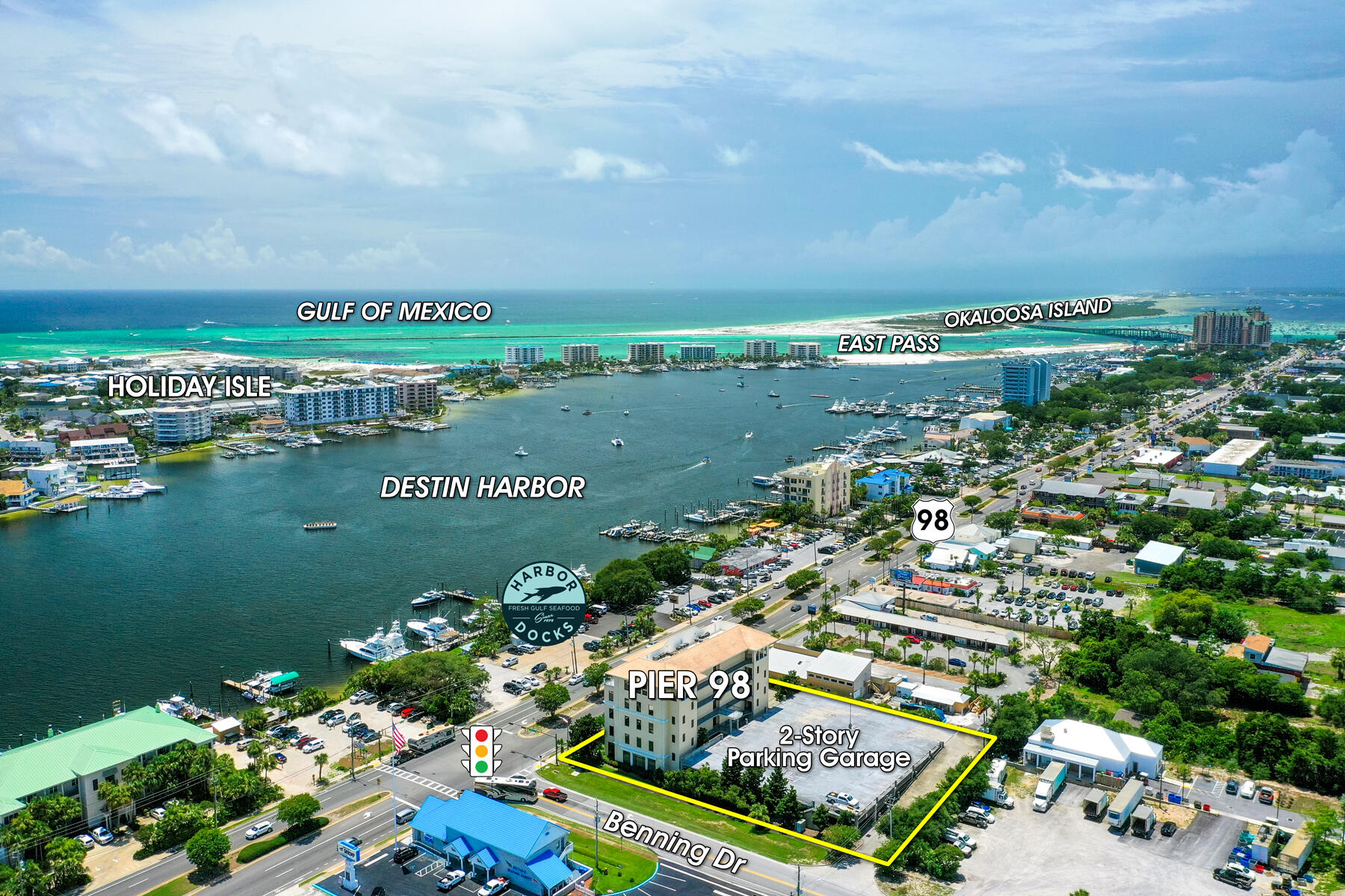 TURNKEY, Professionally Furnished Class A office opportunity offering gorgeous views of the Gulf of Mexico and the harbor of Destin, Florida! NEW A/C UNIT INSTALLED!This office suite was custom built-out and measures approximately 1,646 SF. Pier 98 offers an abundance of parking and convenient accessibility at a signalized intersection from Highway 98, aka Harbor Boulevard. Please inquire for further details.