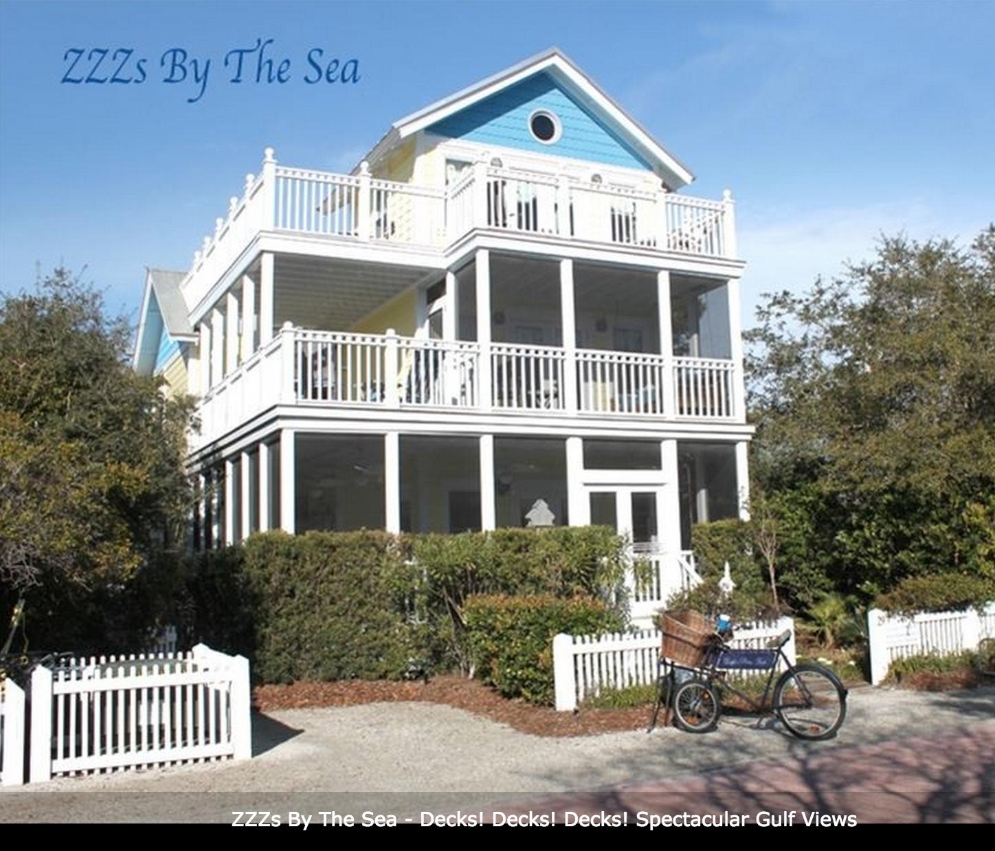 Perfectly located-Spectacular Gulf Views- 90 Steps to the beach or downtown Seaside. You'll love relaxing by the sea at ZZZs By The Sea on one of 4 wraparound porches-savoring incredible Gulf views, a cool ocean breeze and the melodic rhythm of the surf. Brightly decorated, sunlight-filled, spacious living room. The open floor plan keeps the conversation flowing between those in the kitchen, dining area and while relaxing in the living area. If you're not walking to Bud and Alleys or Great Southern for dinner, the family chef will enjoy preparing family meals in the kitchen filled with natural light, prep island, open shelves, and natural gas stove top... or BBQ on the gas grill on the patio off the kitchen. Family meals can be served on the indoor expandable English draw tavern table
