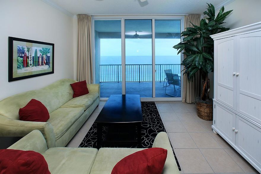 This is the ONLY 2-bedroom unit available at Palazzo and it will not last long! Being on a lower floor, you can hear the soothing sound of waves from your balcony. Although unit #203 is located on the 2nd floor, it has an approximate 6th floor elevation due to the four levels of parking under the building. This is a beautiful fully furnished Gulf front unit with a Gulf front master bedroom, guest bedroom, two bathrooms and an additional bunk room. Enjoy the open floor plan, crown molding and raised ceilings. The floor to ceiling windows & glass doors truly maximize the Gulf views. The glass sliders are very high quality with tinted glass. There are 18'' tile floors in the entry, kitchen, living area and bathrooms and carpet in the bedrooms.