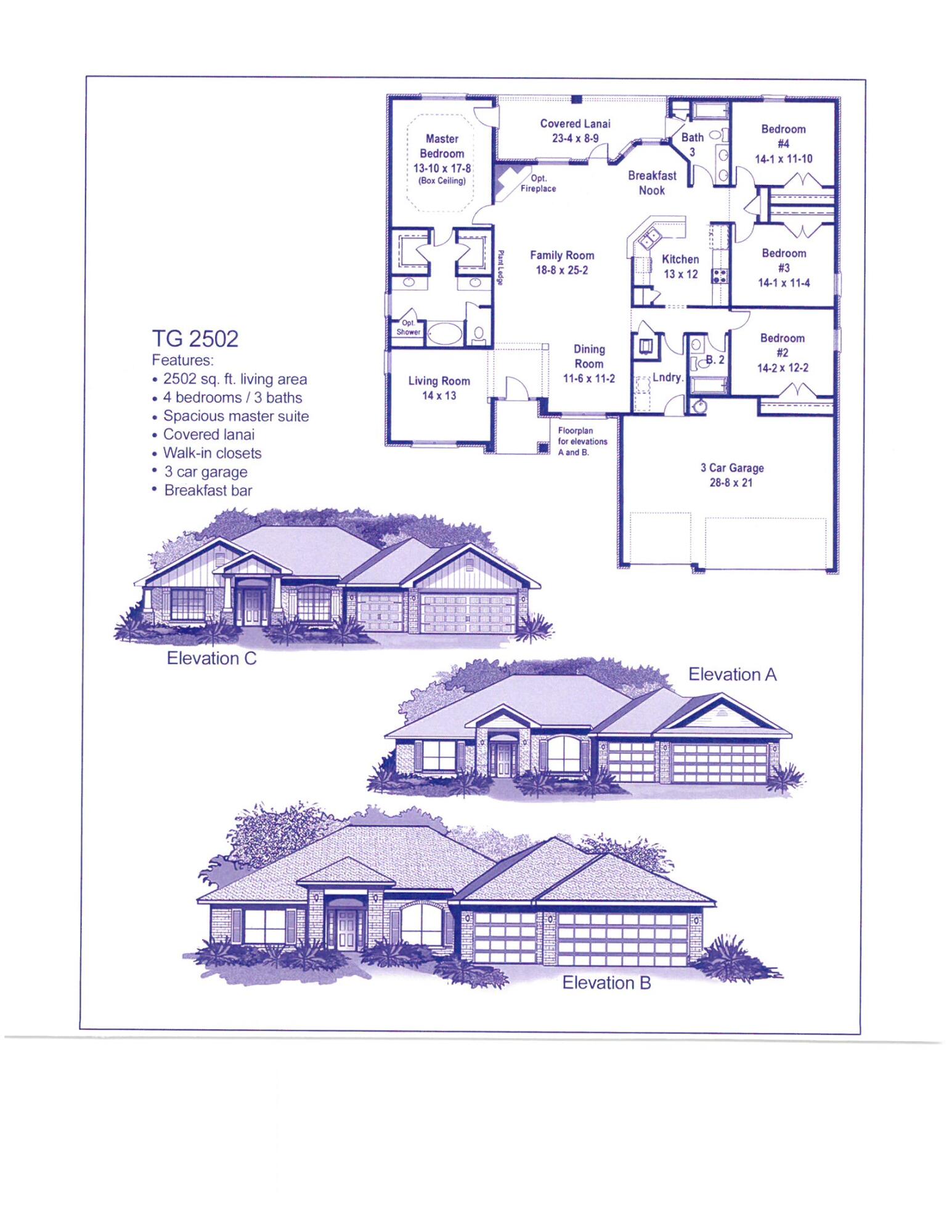 THis 2502 sq ft craftsman home comes with 4 sided brick and a 3 car garage. It features 4 bedrooms and 3 full bathrooms. Included is a formal dining room, a breakfast nook and a breakfast bar. Countertops in kitchen and bathrooms has been upgraded with granite/quartz. The floating plant ledge in dining room has been removed and the living room has been upgraded with fronch doors. Floors are upgraded as well with Core Tec Proplus except for bedrooms which are carpeted. The spacious family room leads out to the covered lanai which can also be accessed through he master bedroom and 3rd bathroom. The exterior comes with auto timed sprinklers and the garage has an electric opener. The laundry room has washer dryer hookups.Appliances include, stove, diswasher and microwave in stainless finish.