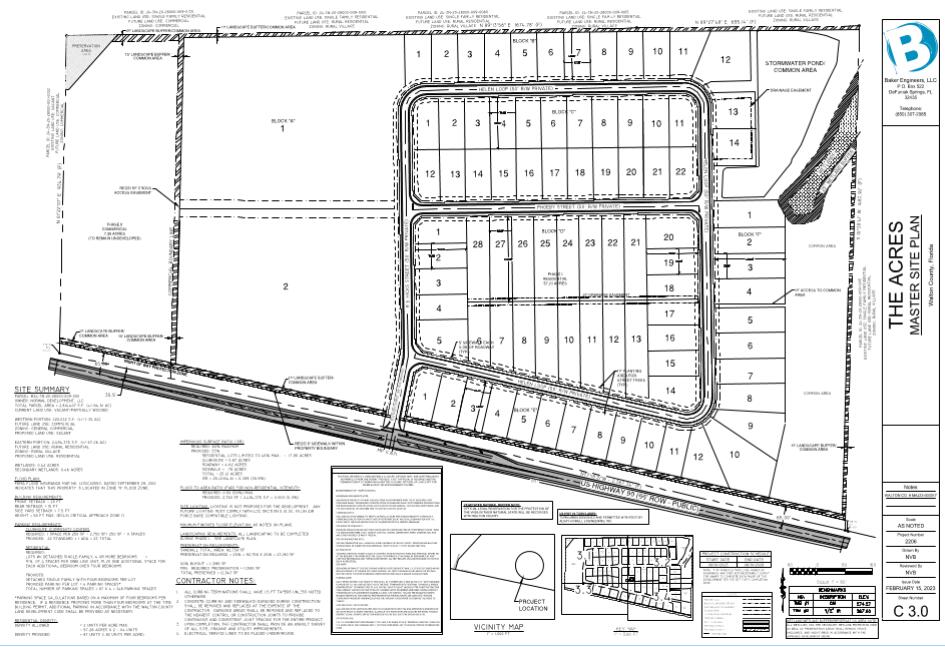 DEVELOPMENT ORDER IN HAND. This is an opportunity to purchase 87 finished lots / pad ready. There are other options to purchase all 87 lots as paper lots MLS 984870. There are 2 other options to purchase finished lots: 1 to 9 lots @ $72,500 per lot or in increments of 10 at $68K per lot. The proposed new development is 5 minutes west of DeFuniak Springs on Hwy 90, consisting of 87 detached single family residential homes on approx 59.73 acres. Septic will be used / permitted for each lot. Public water. The development will have 2 driveway connections to Hwy 90. Zoned Rural Village, Flood Zone X. According to wetland study on the total 64.61 acres (study done before commercial property split), .35 acres is wetland, located on the eastern boundary of the lot.