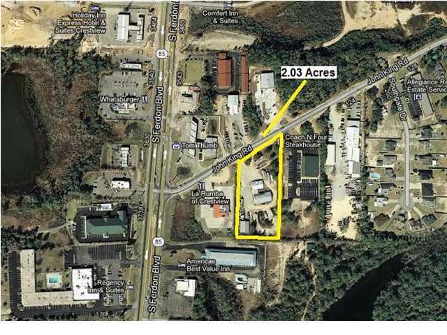 This 2.03 acres is zoned Commercial in the City of Crestview. It has over 240' of frontage along John King Road. The site is high & dry and ready for development. The site has great visibility from Highway 85 as it sits along a bluff. A Development Order has been completed on this property for a 15,600 SF retail facility. The site lends itself to many different uses that include medical offices, restaurant site, hotel, etc.