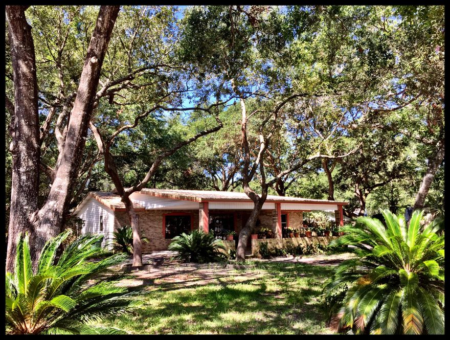 A tropical paradise!!! Charming house on very picturesque heavily wooded lot!!! Semi-circular driveway and 4-car carport. RV hook-up. Enormous double lot. Lots of parking space for cars, boats and other vehicles. Three full baths. 27' x 12' family room could possibly be a potential fourth bedroom or a mother-in-law suite with it's own outside entrance (by adding a kitchenette). Approx. 3-yr old metal roof w/lifetime warranty. 2-yr old furnace & ac. Newer dishwasher & refrigerator. 2 newer hot water heaters. Some newer windows. Dead end street. Outside storage shed conveys ''as is.''