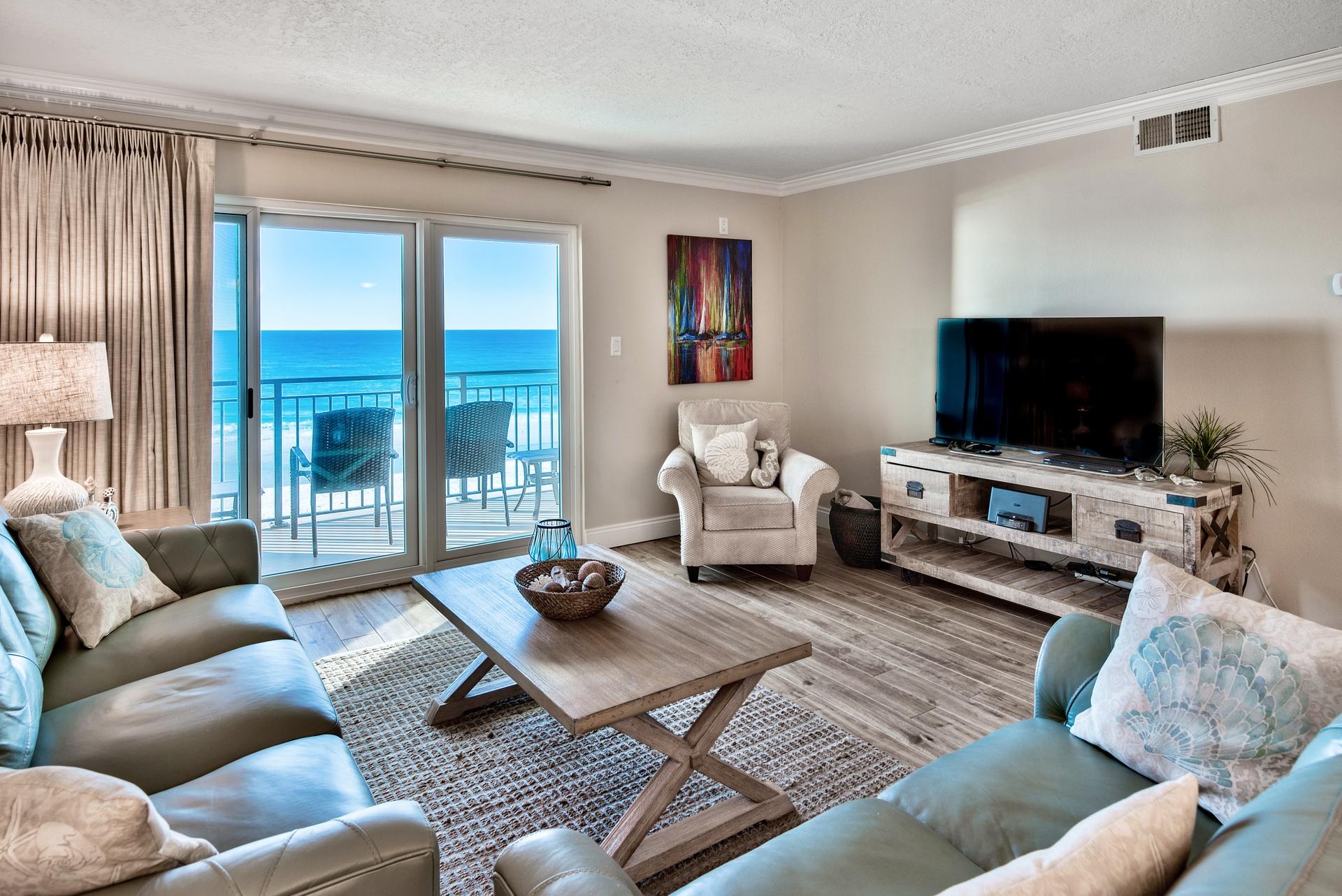 Artfully decorated with unhampered views of the Gulf of Mexico, this two-bedroom unit at Emerald Isle is positioned to amplify the views of both the intracoastal waterway as well as the Gulf of Mexico. The unit showcases an open floor plan which leads out to the awe-inspiring gulf front balcony which is accessible from both the main living area and master bedroom. The noteworthy kitchen features custom cabinetry with soft-closing hinges, tile backsplash, granite countertops, GE stainless appliances along with an undermount stainless sink with brush nickel fixtures.