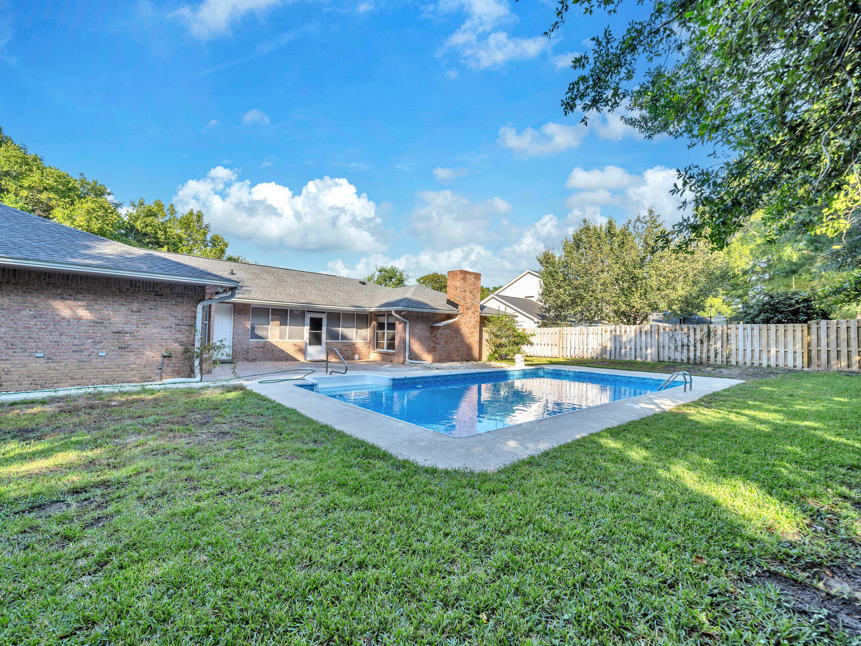 Welcome to this single-level brick home with a new roof and a private pool, perfectly situated in desirable Rocky Bayou Country Club Estates. The combination of single-level living and spaciousness makes it perfect for families or anyone looking to enjoy a serene lifestyle in a fantastic location. As you enter, there is a flex room that can be used as a living room or office. There is another room that can be used as a fourth bedroom. The kitchen opens to the family room to allow easy entertaining and gathering as you look out to the crystal blue pool. Step outside to discover your own private oasis: a spacious backyard featuring a sparkling pool that invites you to relax and unwind on warm days. The outdoor area is ideal for hosting barbecues or enjoying quiet evenings under the stars. There is a flex, covered, screened porch that is easily enclosed if preferred. The guest bedrooms share two baths, one of which opens out to the pool for convenience. The spacious primary bedroom overlooks the pool and back yard. The pool has a new pool liner and there are two new water heaters. You will enjoy this central, convenient location to Eglin AFB, highly rated schools, and the Mid Bay bridge to Destin. Buyer and Buyer's agent to verify all measurements and details.