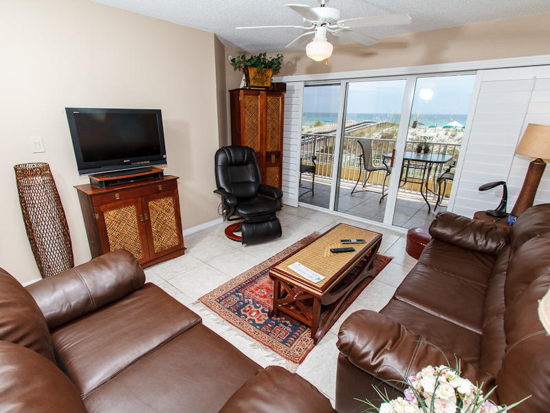 This 2 bedroom/ 2 bathroom unit with a bonus bunkroom sleeps 6 and has everything you will need for the perfect beach getaway. This unit has balcony access directly from both the master bedroom and the living room, imagine yourself waking up to the breathtaking views of the emerald waters and white sand every morning. This unit also features a full size kitchen with beautiful granite counter tops and it comes completely stocked for all your cooking needs. The decor in this unit is perfect with the plantation style shutters on the patio doors, the living area has elegant leather furniture including a recliner chair. Both master bedroom and the guest bedroom have a comfortable king size mattress. The bunk room has a set of bunk beds that are perfect for the little ones to have a room all to