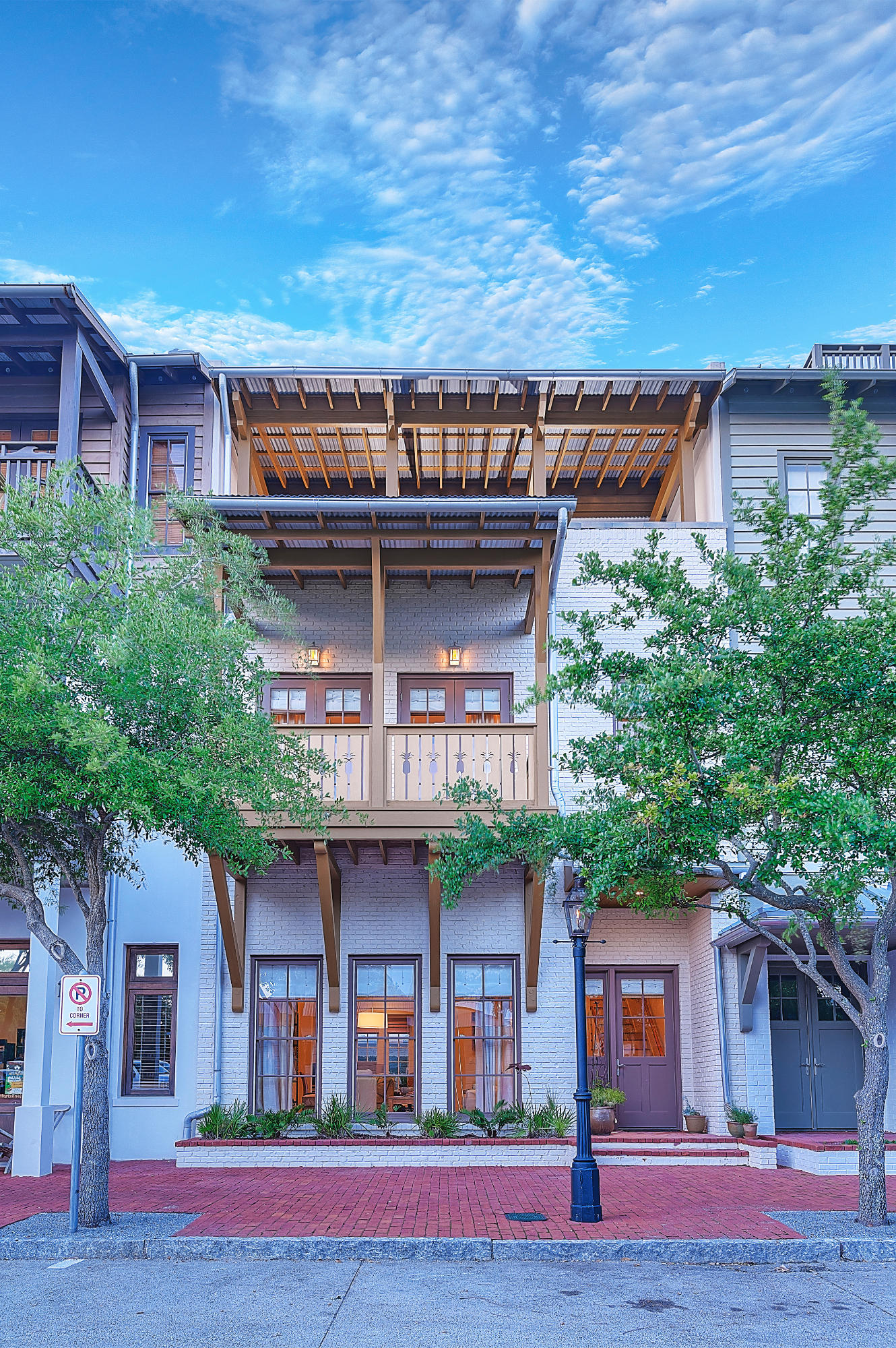 This exceptionally well maintained town home in the heart of Rosemary Beach is a true ''find.'' Very efficient home, with little-to-no landscaping needs and no condo dues. Very convenient with elevator. Comfortable first floor living, and private third floor master bedroom. Each of the 3 bedrooms has its own balcony, and its own en suite bath. Premium finishes throughout; including travertine floors and granite counter tops in the kitchen and baths; a soaker tub, dual showers and double vanities in the master. 2 car garage, approved for renovation as a carriage house.