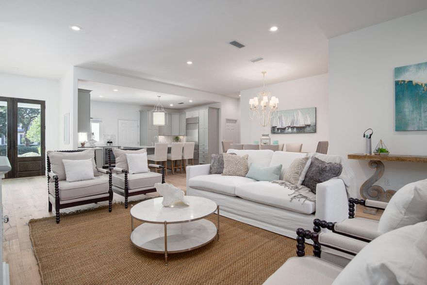 This spectacular one level home in the prestigious gated neighborhood of Burnt Pine offers an impeccable level of finish and an open concept for modern living. No expense was spared in the elegant renovation of this pristine residence including custom hardwood floors, new stainless fixtures and sophisticated lighting. This elite property offers an open floor plan with dual master bedrooms, each providing ensuite baths with rain forest shower heads. The kitchen is a chef's dream with quartz countertops, GE Monogram appliances, gas range, custom cabinets and wine refrigerator. A deep farmhouse sink and intricate basket weave backsplash accent the coastal feel of this 30A style. In addition to three bedrooms, there is a bonus room with ample natural light which would make an ideal office or media room.  Picture yourself on the screened lanai enjoying your Summer Kitchen with tranquil views of the golf course. Burnt Pine is the most prestigious community in the Sandestin Resort - a 2,400-acre resort with beautiful white sand beaches, four championship golf courses, a world-class tennis complex, a 98 slip marina, and the pedestrian Village of Baytowne Wharf with shopping and restaurants.