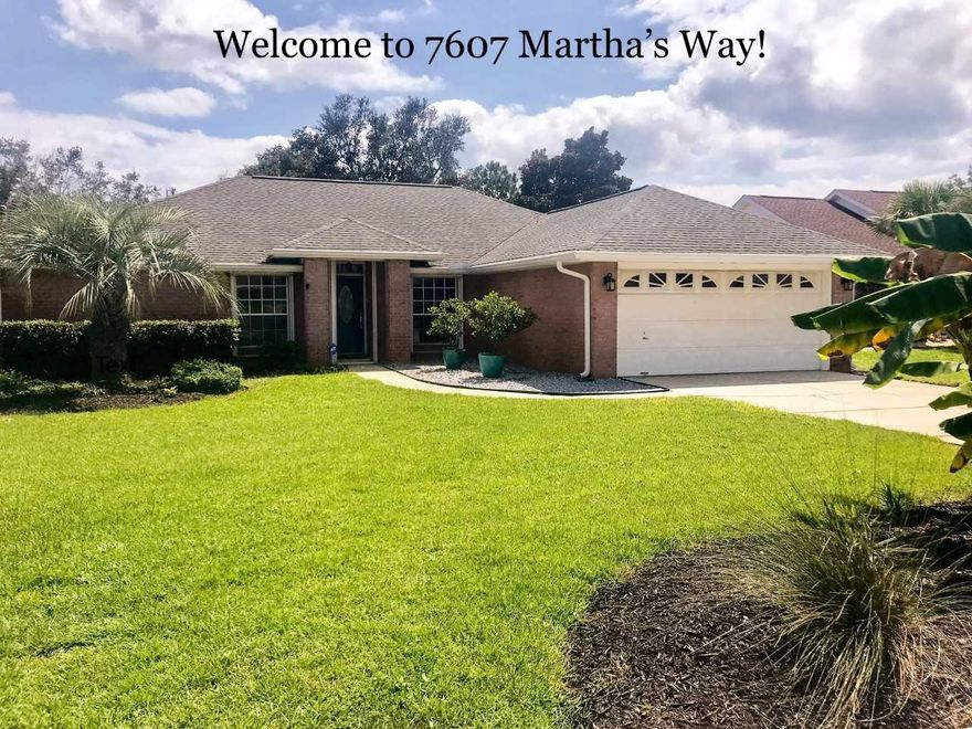 Welcome to 7607 Martha's Way - a lovely, 1 story POOL home located just 2 miles west of the Navarre Bridge, making for an easy commute to Hurlburt Field and the sugar white beaches along the Emerald Coast. This 1,896 sq/ft brick home features a split floor plan with 3 generously sized bedrooms, separate study/multipurpose room, dining room and an eat-in kitchen...open and bright! Click 'more' to view the rest of the remarks. Info deemed reliable but not guaranteed.