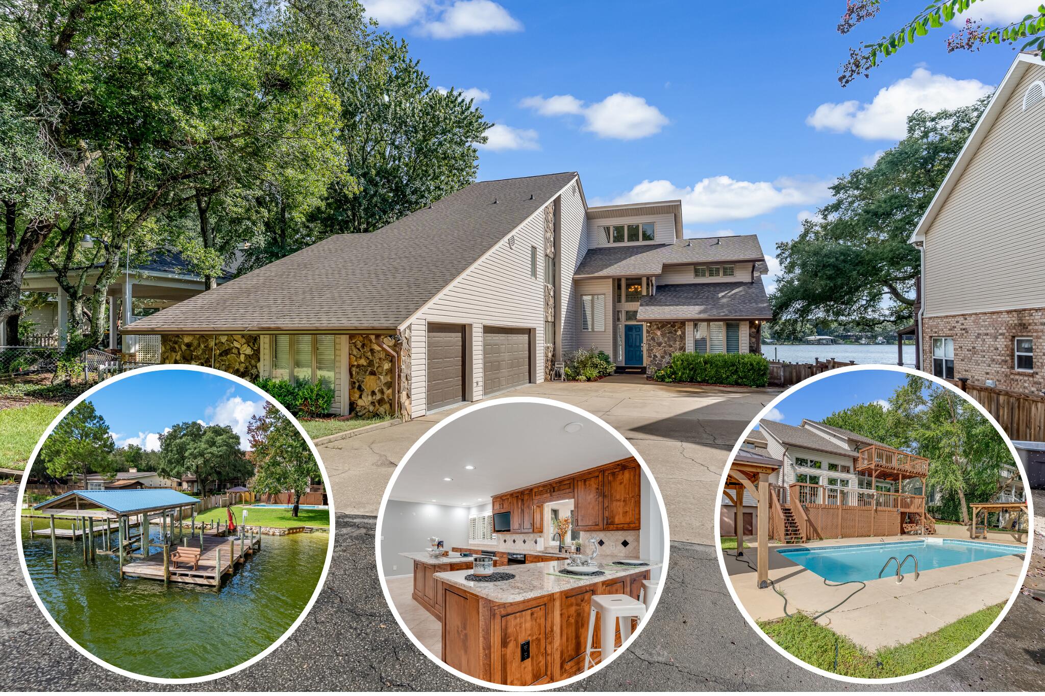 Seize the opportunity to own this one-of-a-kind waterfront estate, perfectly positioned on .65 acres with 76 feet of serene bayou frontage. This 4-bedroom, 3-bath, 3,058 sq. ft. residence offers an unparalleled lifestyle for boating, entertaining, and relaxing.Step inside to a huge, updated kitchen featuring a wet bar, island, breakfast bar, and abundant cabinetry ideal for gatherings of any size. The upstairs master suite is a true retreat, boasting a sunroom, private balcony, updated spa-like bath with double vanities, a tiled walk-in shower, soaking tub, and an enormous walk-in closet with a hidden storage room. Additionally it offers a private office with built-in bookshelves making the perfect private space to work from home. Downstairs, discover something truly unique for Florida- a basement-perfect for a game room or media lounge. Outdoors, enjoy a covered boatslip with 12K boat lift, jet ski lift, private beach area, inground pool with vinyl liner, and pergolas with ceiling fans for breezy afternoons by the water.
The property is gated with a wrought iron front entrance, and a detached 3-car garage with half bath provides additional storage for vehicles, toys, or a workshop on top of the attached 3-car garage. Plenty of parking, RV Hookups with 30/50 amp power, and easy access sewer clean out. The back of the property remains unfenced to maximize the stunning water views.
Whether you're hosting friends, enjoying a quiet evening by the pool, or taking your boat out for the day, this home delivers the ultimate blend of luxury, privacy, and coastal living.