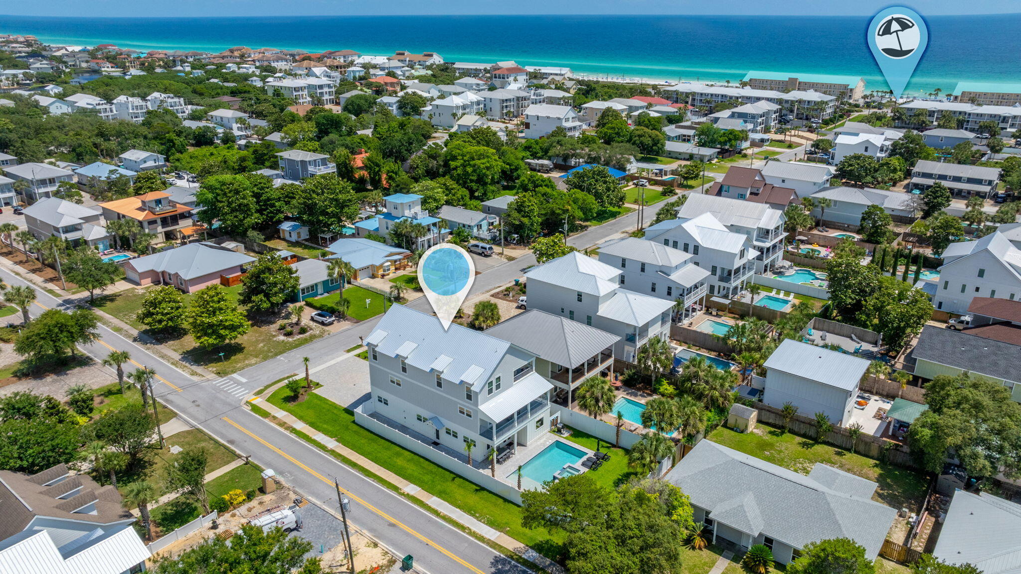 Introducing a stunning, brand-new construction beach house in the highly sought-after Crystal Beach neighborhood of Destin, FL. This luxurious 3-story home features 8 spacious bedrooms, making it the perfect retreat for large families or groups seeking a relaxing coastal getaway. Rental Projections are $280k+. As you step inside, you are greeted by an expansive open-concept living area on the main floor, elegantly designed with stunning wood beams, sleek finishes and ample natural light. This stunning kitchen offers stainless steel appliances, tile backsplash from countertop to ceiling, sleek quartz countertops, and a large island with seating for casual dining. The house offers not one, but two living areas on the main level, providing plenty of space for entertainment and relaxation. Both living areas on the ground floor flow seamlessly into the dining space & kitchen. There is an additional sitting area on the second floor that offers a more intimate setting, perfect for enjoying quiet evenings or watching movies. The second floor also offers 4 additional bedrooms, each with their own en-suite bathroom. The home features a well-appointed bunk room on the third floor, designed with children and teens in mind, offering a fun and comfortable space for them to enjoy. Each of the 8 bedrooms is thoughtfully designed to provide a serene retreat, with ample storage and en-suite or nearby bathroom access. Also, from the third floor, enjoy enchanting views of the Gulf of Mexico, reminding you of your proximity to the beautiful white sandy beaches Destin is famous for. One of the highlights of this magnificent property is the private heated pool and spa, ideal for year-round enjoyment. The pool area is surrounded by a spacious deck, perfect for sunbathing, outdoor dining, and hosting poolside gatherings. The location of this beach house is unbeatable, just a short stroll away from the beach, local dining, shopping, and entertainment options. This Crystal Beach gem combines modern luxury with the charm of coastal living, making it an ideal investment for a vacation rental or a dreamy permanent residence. Don't miss the opportunity to own this exquisite piece of paradise. 