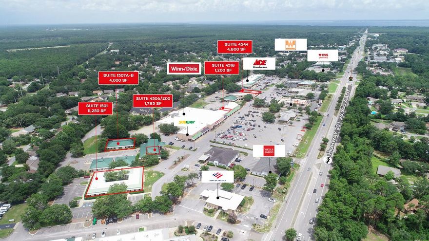 Prime retail and office space available at the desirable Winn-Dixie anchored shopping center in Bluewater Bay. There is up to 4,800 SF of retail space and 2,000-11,250 SF of office space at the Bluewater Bay shopping center and office complex adjacent to the center. The Bluewater Bay shopping center consists of over 105,599 SF of retail, restaurant, and office space. It is ideally located within the highly desirable Niceville trade area around grocery stores, local businesses, and military bases. Excellent co-tenant mix with great visibility from the highly trafficked Hwy 20, which is the main arterial in Niceville. There is ample parking and great pylon signage available.  The Landlord would consider subdividing the spaces.
