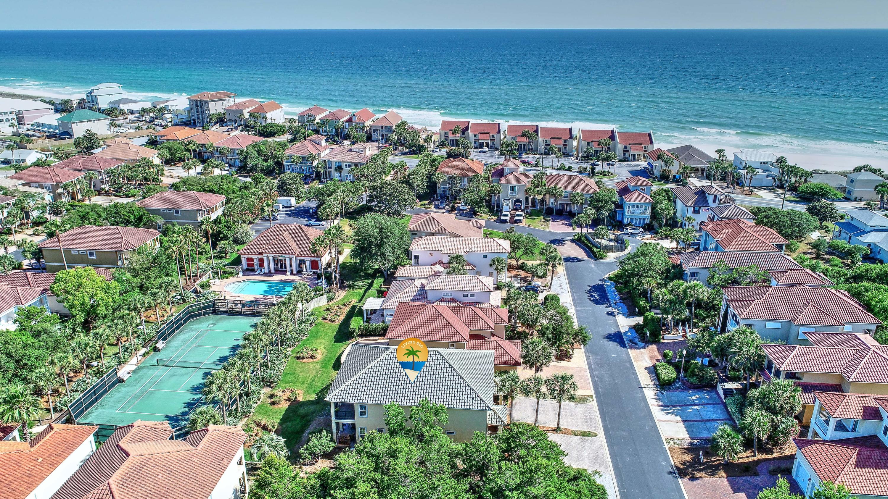 Simply stunning 3 bedroom/3 bath Mediterranean style home located in a private gated community. La Valencia offers a gracious lifestyle with resort style amenities. The amenities include fitness center, tennis court, heated pool and hot tub and also a gated GULF FRONT POOL with deeded beach access. You will be amazed by the beach views and sunsets. This home offers high ceilings, crown molding, open concept kitchen with ample cabinets and counter space, first floor bedroom with an adjoining bathroom perfect for visiting guest or a home office, 2 oversized master suites located on 2nd floor. The master bedroom has a soaking spa tub and walk in tiled shower as well as double vanity. This is one that you must see.