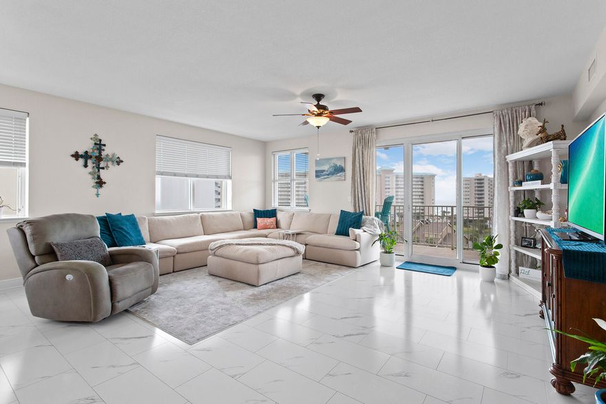 Come and enjoy the beautiful views this home has from the 7th floor of Ariel Dunes ll. Large open floor plan. 3Bed, 3 Bath, with 2 Balconies. ADll offers 3 pools [1 heated seasonly], Gym, Separate Suana and Steam Rooms, Meeting Room, Golf Cart Charging Stations, and BBQ pits. Located within Seascape Golf, Beach and Tennis Resort and is between Scenic Gulf Drive and US Hwy 98 for easy access with 2000 ft of beach access, 4 more pools [3 heated seasonly], Pickleball, Golf, Tennis, Basketball, Playground, BBQ Pits and Pavilions. Dues include Water,Sewer, Cable, Internet, Insurance, Maintenance, Pest Service, Landscaping. Many Restaurants and shopping all within walking distance. New AC unit April 2025. Make this your next home, vacation home or investment opportunity!!