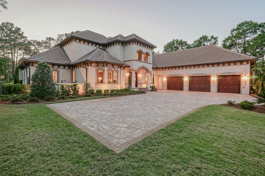 Majestic estate in the exclusive, privately gated Burnt Pine section within the resort community of Sandestin. Two story Mediterranean style custom built home, with highest quality construction and craftmanship completed in 2016. Owner reluctantly had to move because of family considerations. First floor master bedroom with his and hers baths, heated pool and spa, gourmet kitchen with Sub=Zero and Wolf appliances, granite tops throughout the home and lanai from the same block, very high quality cabinetry from heartwood in all locations by Candlelight Cabinetry, porcelain floors, media room, elevator, generator, 2 wet bars, floor to attic cargo lift from oversized garage flor to reinforced attic storage.  Well for lawn sprinklers, beautifully landscaped.