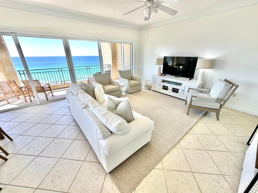 This 12th floor beautiful beachfront furnished condo has an abundance of light entering it from the 30 ft. of sliders facing the Gulf to the huge dining room window that sees the golf course and the bay. In addition to being rental-restricted, Southwinds features a private beach for the owners. The Master bedroom has sliders opening onto its private balcony and the king guest bedroom also has a balcony with views of the bay. The 3rd bedroom has bay views as well. The master bath has been updated with a frameless glass shower and quartz counter tops. It also has a window with a great view making the room feel bright and airy. The 2nd bath has been updated with quartz counter tops and a large tile back splash that surrounds the tub. The kitchen has been updated with stainless appliances.
