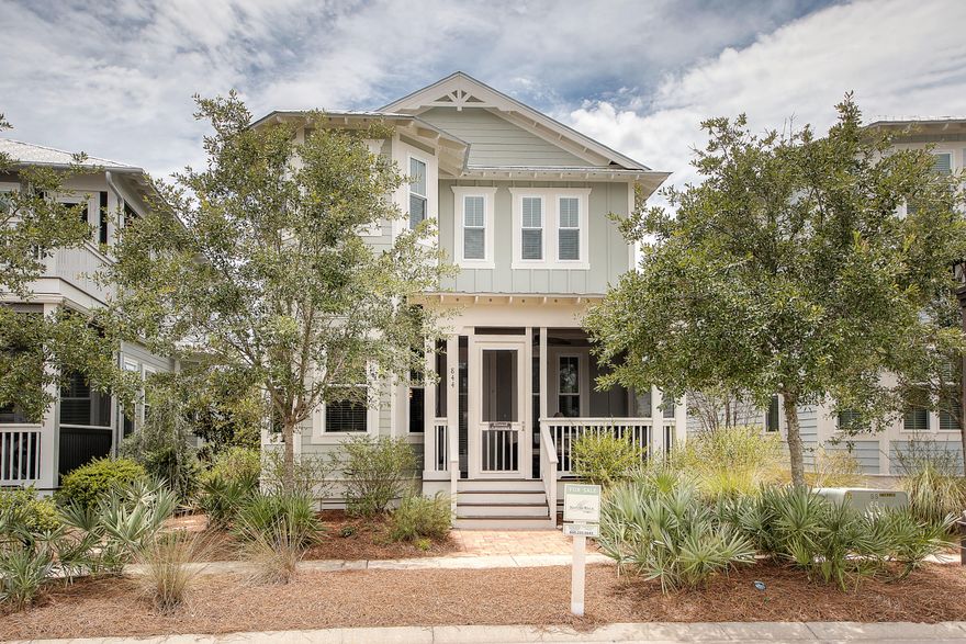 A charming beach cottage located directly across from the Gathering Place's lap and beach entry pools is steps away from the Lily Lane beach access. This unique 3 bed/4.5 bath plus office/bunkroom Beachscape floor plan is sure to please. The kitchen has newly painted white cabinets and a white subway tile backsplash, granite counter tops and GE Cafe stainless steel appliances. Ensuite baths and large closets in the three spacious bedrooms provide personal space for everyone. A four-piece bath upstairs across from the office/bunk room and sitting room is perfect as a powder room or kids' bathroom. The already spacious first floor master closet has been extended under the stairwell for extra storage room. Solid pine wood floors are in all of the living and bedroom areas, tile is in all baths. Crown molding throughout the downstairs. Living room has an electric fireplace (which conveys) for those cooler Florida evenings. Back and front porches are screened to take advantage of the lovely spring and fall breezes. Back upstairs screened porch off the junior master overlooks a water feature, Preserve trail, and Point Washington State Forest for the ultimate relaxing retreat. Exterior features include a stone water fountain with its own electric outlet that is also accessible for golf cart recharging, whole house generator, and fenced green space (shared with 850 Sandgrass Blvd) that is custom landscaped with artificial pet friendly turf and fountain for a mini dog park or owner retreat. Spacious paver parking pad for three small cars and a golf cart or two large cars/SUV's and golf cart. The Gathering Place, the community's amenity center includes: a resort-style beach entry pool, heated lap pool, children's pool, tot lot, hammocks, a fire-pit. All window treatments and washer and dryer remain. Certain furnishings negotiable with purchase. CDD is paid off on this home- a $14,000 value. Rental Projections on this home are over $50k. Don't miss out on this fabulous opportunity.