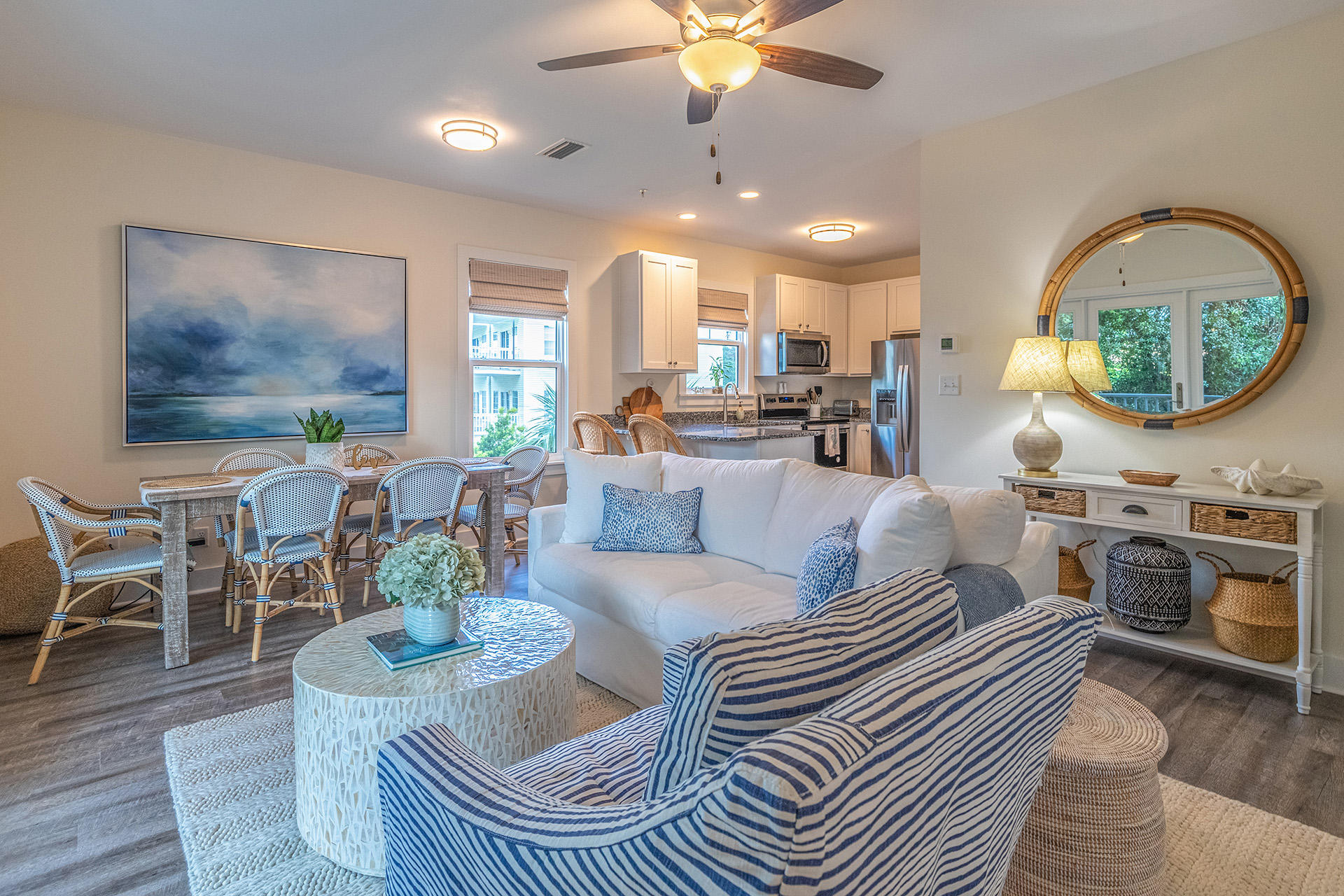 Located conveniently on the west end of 30A, this home is walking distance to some of the best restaurants on 30A, several beach access options, and within a private gated community. This condo is sold completely furnished with high end finishes from Tommy Bahama, Pottery Barn, and Serina and Lilly and custom blinds throughout. Built in 2020, this pristine home has only been occupied by one owner and never rented. Investors are welcome to take advantage of the exceptional short or long term rental potential. Property sleeps 10. The condo is located directly on 30A, but the landscaping and gated community makes you feel miles away. Enjoy the community pool and fitness center as a added benefits of this amazing condo.