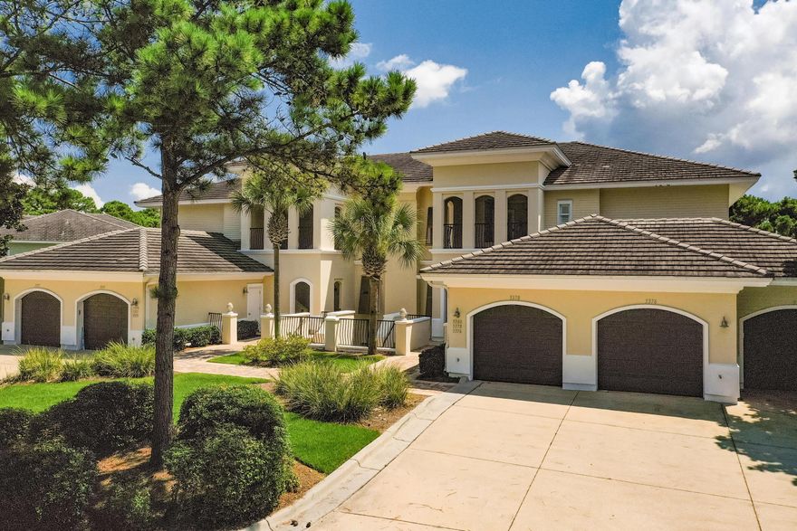 Unobstructed panoramic views of the 13th fairway and the 15th green of the Baytowne Golf Course can be enjoyed from the large gated private patio accessible by three different sets of French doors from the living area, master suite, and guest bedroom. The kitchen, living area, and dining area offer travertine flooring, crown molding, raised ceilings, and a wet bar. The kitchen has been updated with new granite, stainless steel appliances, newly painted cabinets and hardware. The master bedroom is finished with vinyl wood flooring, walk-in closet, en suite bath with double vanity, granite counter, Jacuzzi tub, and oversized walk-in shower with bench. There is a guest bedroom with en suite bath and French doors to an open air patio. Another guest bedroom and full bath complete the space