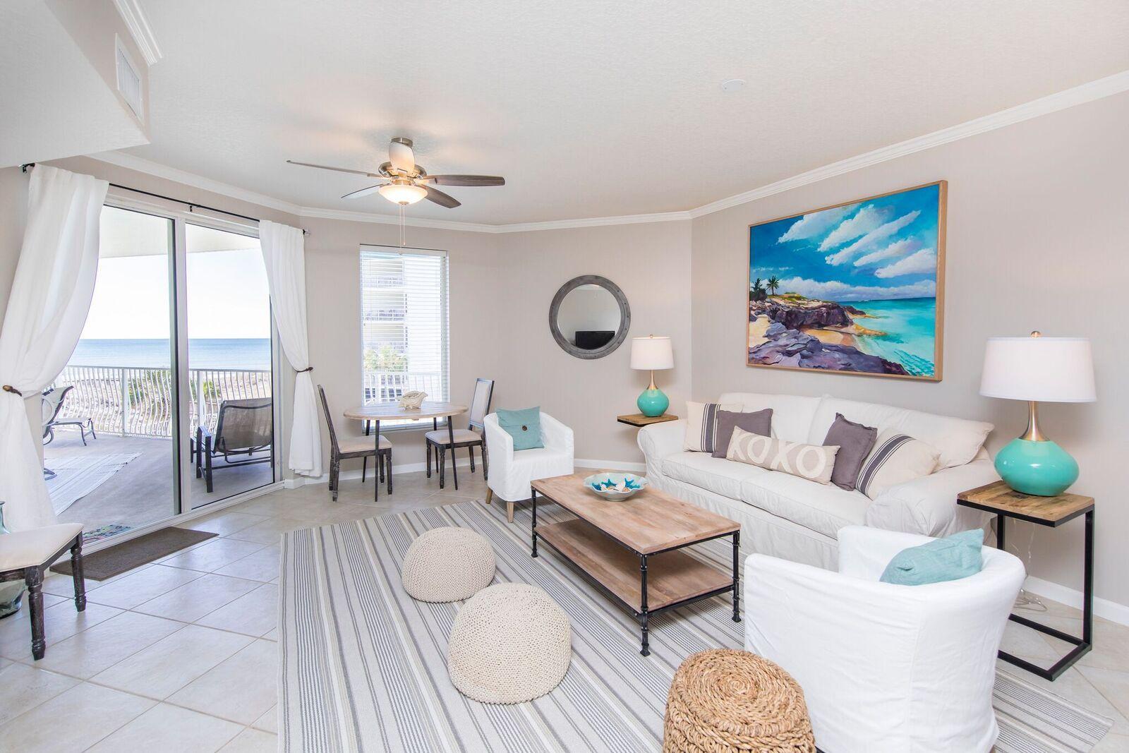 South Side of 30A right on the beach in desirable Dunes of Seagrove! This gulf front fully furnished 2 bedroom, 2 bath plus bunk room and new sofa sleeper offers plenty of space for friends and family. Can sleep 8 comfortably! You'll love the fabulous gulf views from your living room, master bedroom and balcony. The large master suite offers a spacious master bath with whirlpool tub, separate shower, double vanities and closet. It also features a large sitting area and balcony access. The large tile balcony provides for incredible coastline views of the Gulf of Mexico.