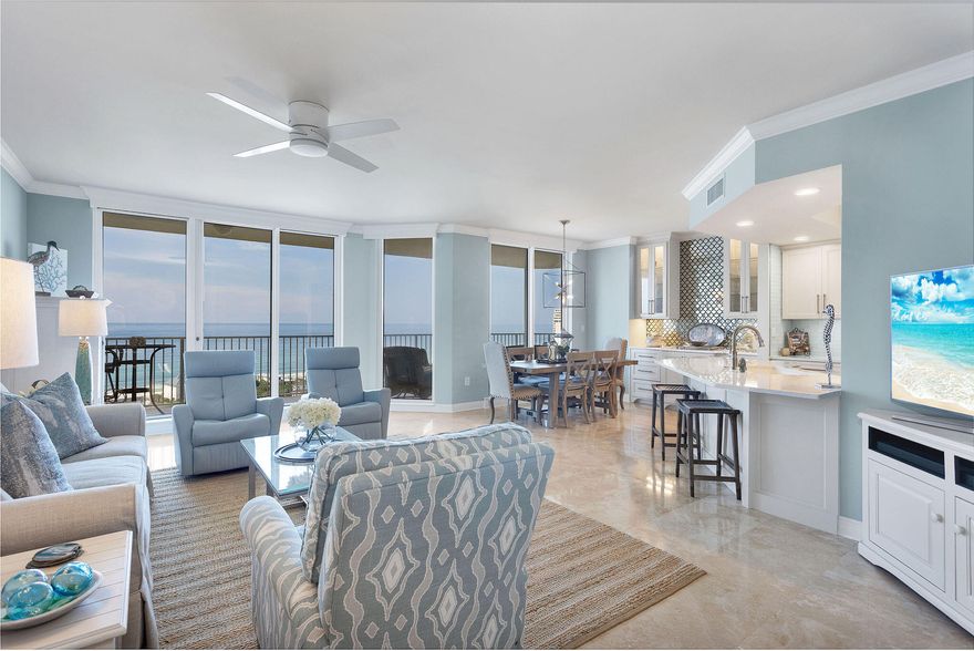 WOW-  BREATHTAKING VIEWS, Enjoy the 360 degree views from the 17th floor of One Beach CLub Drive.  Fully Updated with Coastal Chic design elements, and color pallette.Some of the upgrades include- Wolf 30' Induction Cooktop, - Zephry Wine & Beverage Cooler-Kitchen, with Soft Close Cabinetry, Cambria Quartz, and Bianco Quartz Sink. Complete list of  all the fabulous Upgrades in MLS documents. Primary Suite has EnSuite bath ,walk-in closet, floor to ceiling picture windows and doors with private access to Gulf facing Balcony to take in the every changing beach views. 2 Guest Suites w/ 2 Full Baths w/ Resort facing balcony. Fully Furnished with decorator furnishings with small exclusion list.(MLS) Golf Cart space located in new Garage- Golf Cart- sold separately. Amenities include Gated