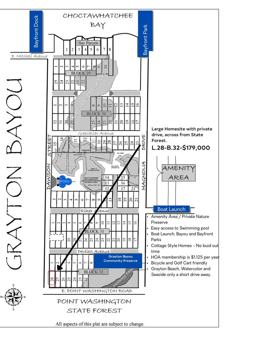 Grayton Bayou is located only 5 minutes north of Grayton Beach. Pt. Washington State Forest views across the street. These streets are lined with Palm Trees & Oak's.   This homesite has the Private Drive / Alleyway access.. This homesite is one of the ''full size'' homesites and has room for a main house and a carriage house.  Grayton Bayou min. house size at least 1600 sq. ft. with a florida cottage design. Neighborhood has large swimming pool with waterfall, boat launch at end of Riker Ave., bay front park on E. Mitchell. Property is beautiful and wooded, new homes being built all around. Sold 'AS IS''