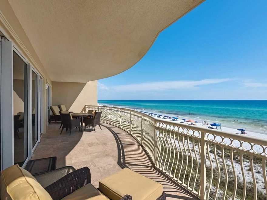 A gorgeous 4 bedroom 4 bath plus bunkroom condo in the exclusive gated community Dunes of Crystal Beach. This residence is a west end corner unit with walls of windows offering panoramic views like no other! From the moment you enter into this fabulous condo you truly feel like you are in a unique penthouse! There are many fine appointments including luxurious furnishings, travertine flooring, crown molding, granite countertops, stainless steel appliances, wine cooler and much more. The Gulf front master suite has access to the spacious wrap around balcony, walk-in closets and the bathroom offers an upscale retreat with travertine tile work, over-sized whirlpool, separate glass enclosed seat-in shower and two separate vanity areas.