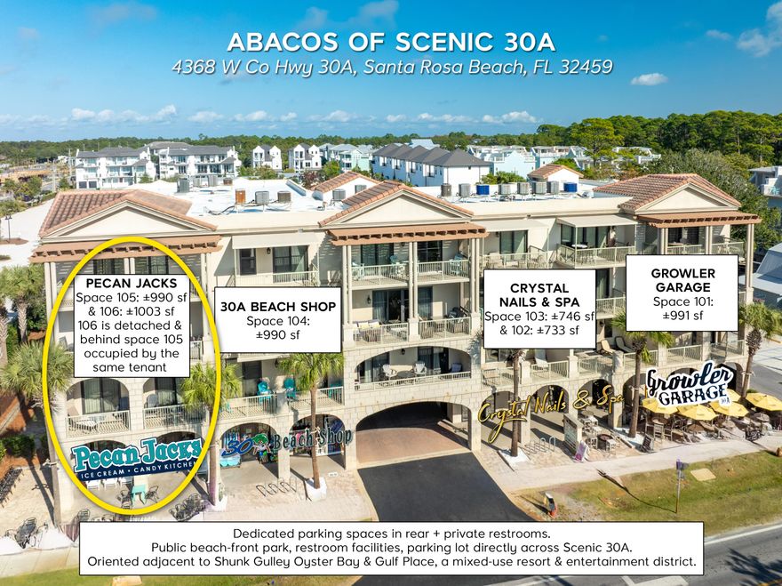 Prime commercial retail storefront on Scenic 30A in Santa Rosa Beach, Florida! This prime two-unit, end-cap commercial space projects a strong presence on Scenic 30A in Santa Rosa Beach, Florida, and captures high visibility from the synergistic peripheral uses that include the mixed-use, entertainment development known as Gulf Place, and flanked by Shunk Gulley Oyster Bar & Papa Surf Burger Bar; all located directly across from the expansive and popular public beachfront park known as Ed Walline Regional Beach Access (located at 4447 County Hwy-30A W, Santa Rosa Beach, FL 32459). Abacos offers dedicated parking spaces for patrons, and the site has exceptional access from Highway 98 via County Road 393 and Scenic 30A. Please inquire for further details. Showings require a...