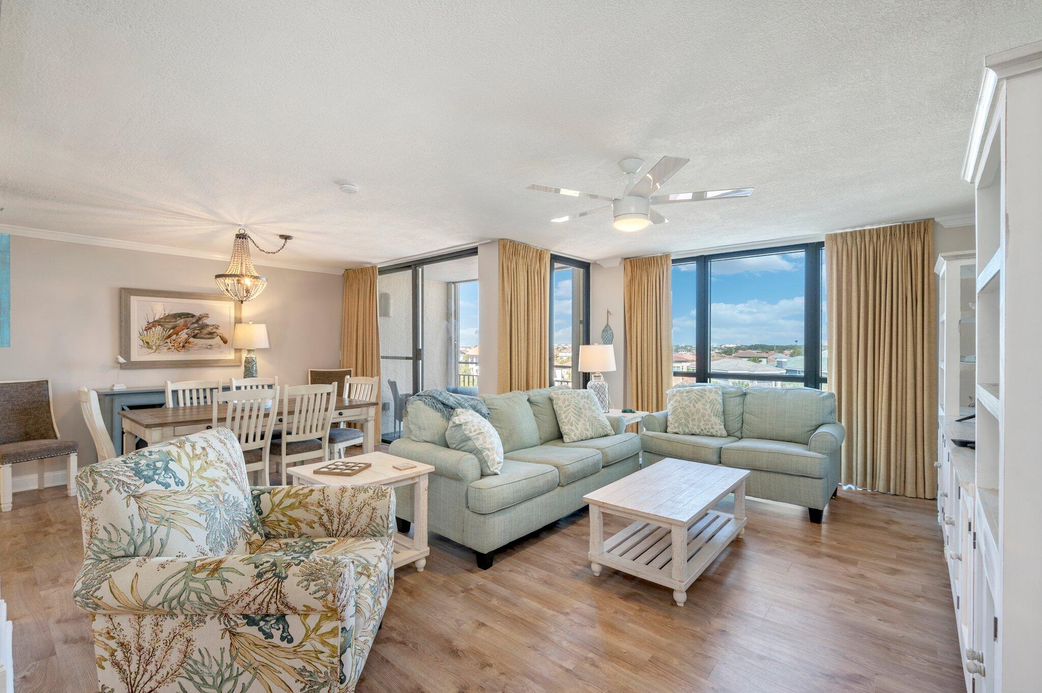 This wonderful 2 bedroom and 2 bathroom condominium is located on Scenic Highway 98. An ideal floor plan provides a relaxed flow throughout the residence, while large windows and doors provide an abundance of natural light. A spacious main living area opens to a generous dining area, and a well-appointed kitchen. The roomy master suite features an ensuite bathroom, and spectacular gulf views. An additional bedroom and bathroom round out the interior. Residents of this condominium community enjoy access to an array of amenities, including an inviting pool area, fitness center, tennis courts, deeded beach access, and much more.