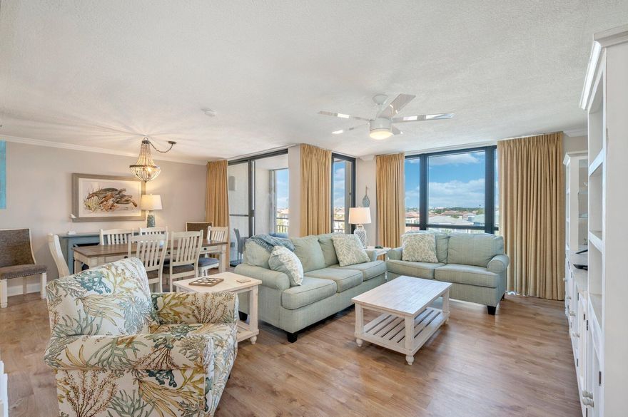 This wonderful 2 bedroom and 2 bathroom condominium is located on Scenic Highway 98. An ideal floor plan provides a relaxed flow throughout the residence, while large windows and doors provide an abundance of natural light. A spacious main living area opens to a generous dining area, and a well-appointed kitchen. The roomy master suite features an ensuite bathroom, and spectacular gulf views.  An additional bedroom and bathroom round out the interior.  Residents of this condominium community enjoy access to an array of amenities, including an inviting pool area, fitness center, tennis courts, deeded beach access, and much more.