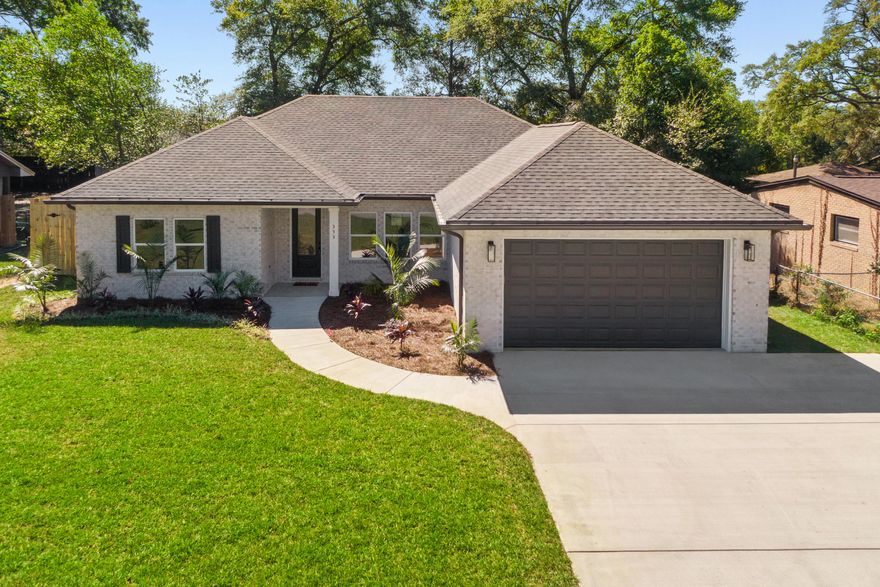 Come see this NEW CONSTRUCTION, CUSTOM BUILT, 4 bedroom, 2 bath home. The seller pays 10,000 towards the buyer's closing cost, doc stamps on the deed& owners title. This all brick home sits on .26 of an acre with no HOA fees. You'll LOVE this OPEN floor plan, featuring 9 ft. ceilings throughout and 10ft where reverse trey ceilings are located. This home boast many custom amenities. Upgraded spray foam insulation in the roof for energy efficiency, 8ft front & garage door, and extra parking pad for a boat or RV. The kitchen is divine, featuring white custom cabinets, soft close drawers, farm sink, gas stove, pantry, undermount lighting under cabinets and quartz countertops throughout. The island bar has an 18 inch over hang, a reverse trey ceiling in the family room with multi color options Enjoy the floor plug added in the family room for phone charges, and lamps without cords hindering walkways.  Love entertaining? The kitchen and family room open up to a screened porch with an extra concrete pad for grilling and an extra patio set. The master bedroom has a trey ceiling with recess lighting and opens to a  custom master bath.  You will absolutely love everything about this bathroom! It's wonderful for relaxing, with endless hot water with the gas tankless hot water heater and the deep soaker tub. The master shower, boast custom tile with a rainhead, 2 separate sprayers, bench for sitting while shaving and seamless glass. You will actually want to do the laundry, with a custom folding table with butcher block, and built in shelves.  When you want to relax and rewind, the back yard is the place. You'll enjoy a fully sodded yard, full gutters, sprinkler system, and a 8 ft. privacy fence, making up-keep easy. This home has everything and sits on a large lot. 
Location is perfect, walking distance to A+school, restaurants, a large park with boat launch and minutes from  restaurants, Eglin Air Force Base, Special Forces, Emerald Coast beaches, shopping, hospitals and more. Call today for a viewing, this won't last long! Home will be completed September 30, 2025.
