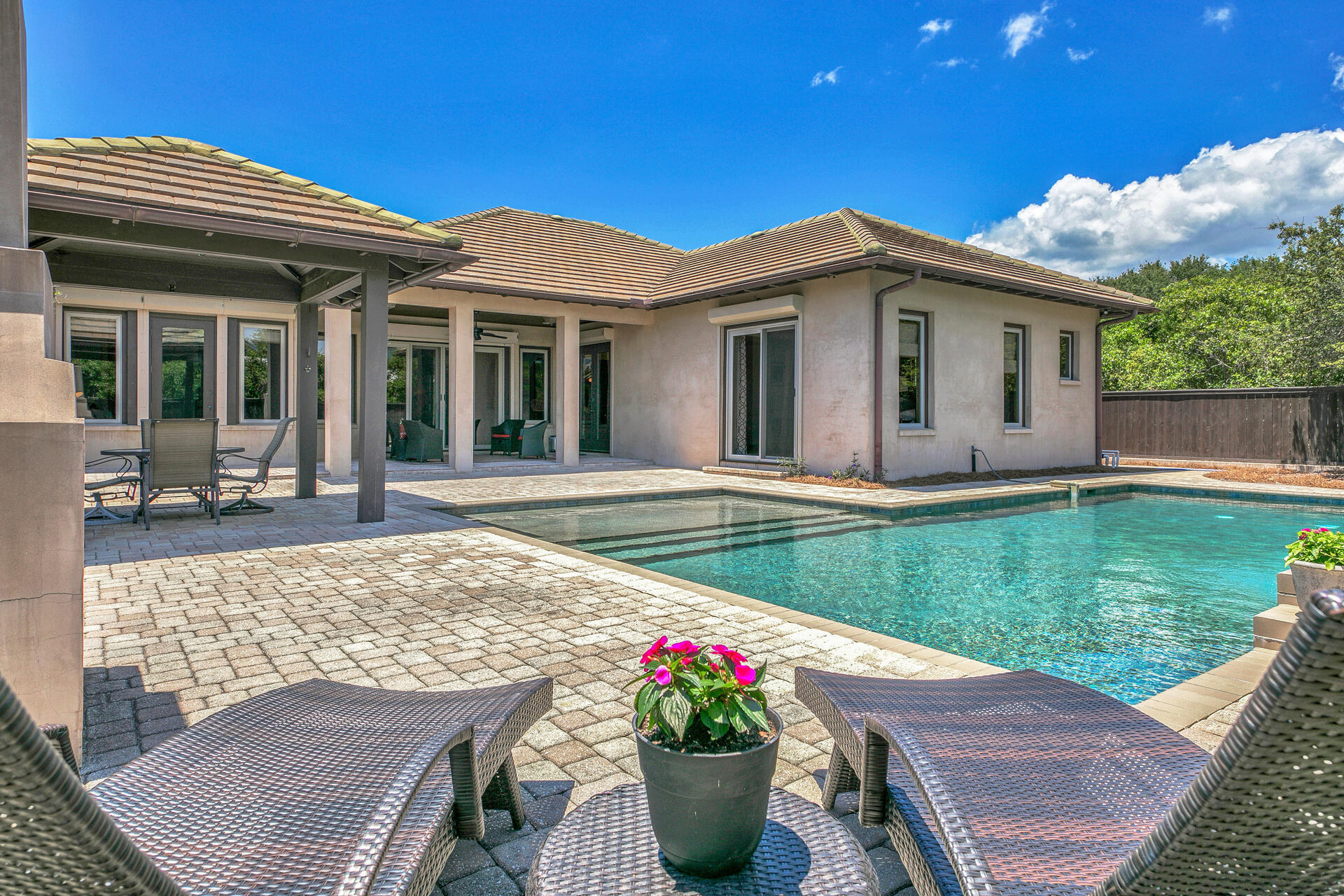 Third home from the Gulf with your own private pool! This gorgeous custom designed, single story home has never been rented. Wonderful location in Seacrest on a cul-de-sac street in a low-density neighborhood, no HOA, with deeded beach access. Upgrades throughout such as custom mill work, Walnut hardwood floors, Rustic Alder cabinetry, built-ins and a generously sized gourmet kitchen with Quartz countertops, farmhouse sink, double drawer dishwasher, gas range with convection oven, pot filler, uplighting and plenty of storage. Outdoors while enjoying the oversized pool with sun shelf, you'll find an expanded patio, covered gazebo and fireplace, all situated on a large lot. 1 mile from Alys Beach, 1.5 miles from Rosemary Beach.