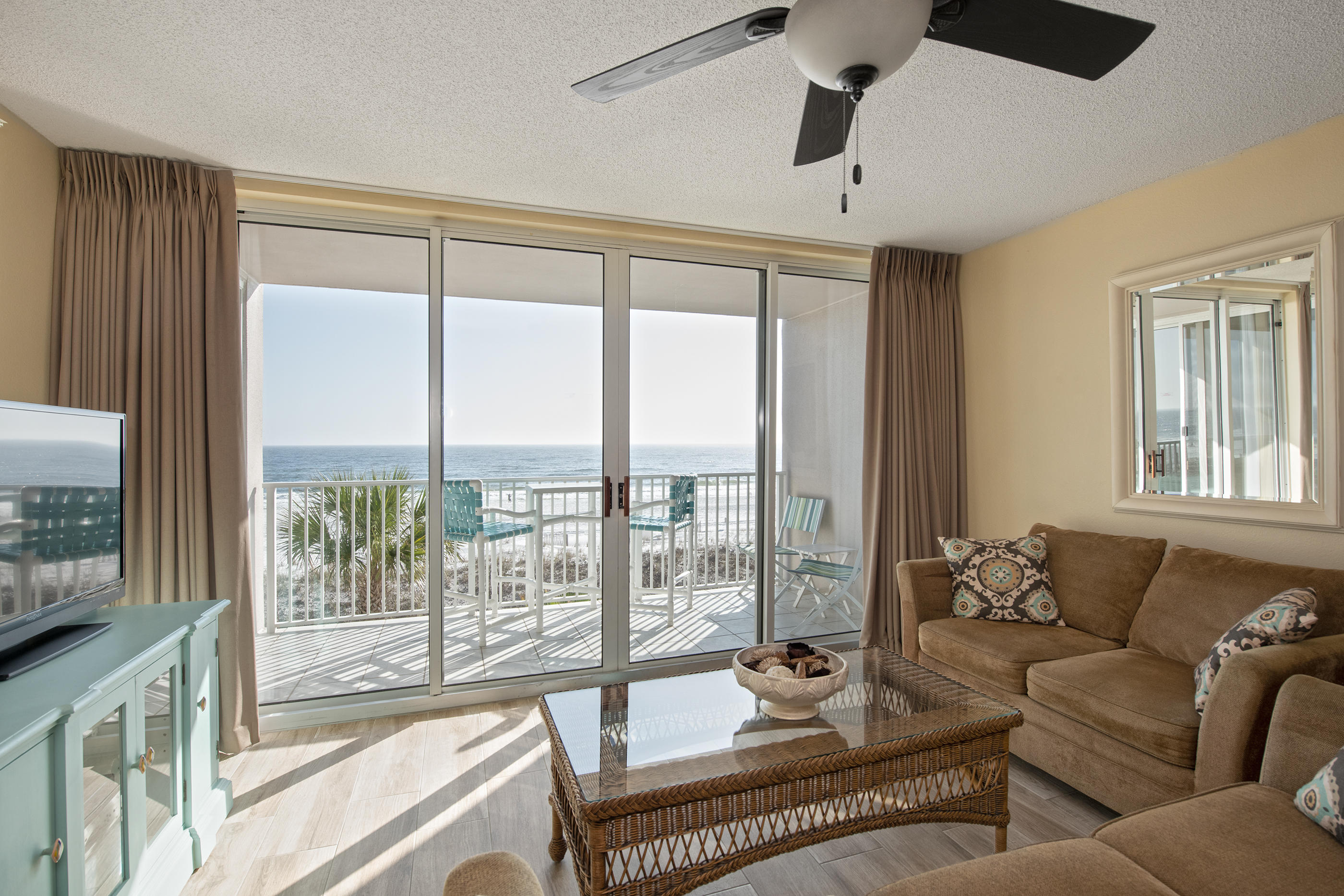 Fantastic views from this direct gulf front unit on Okaloosa Island. Great location in the beautiful Island Princess away from the common area for more privacy. Shows great and owner has done some nice upgrades. The wood plank, porcelain tile flooring in the entry, living, dining and guest bath adds a contemporary element. Modern tile surround with accent really adds flair to the guest and master bath. Super master suite with wonderful views from double window and sliding glass door which leads to balcony. Carrier Coastal 2.5 ton, 14 SEER HVAC system installed 12-2018 and has transferable warranty. Fully furnished with well equipped kitchen makes this unit rental ready. Very solid rental income and booking fast for 2019. Don't miss out on the opportunity to own a piece of paradise.