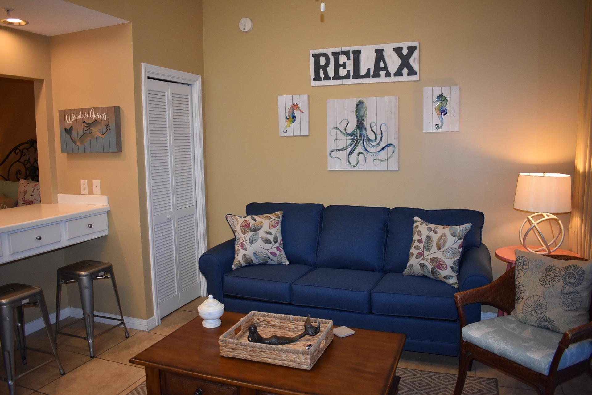 Motivated Seller! Tastefully decorated villa with gulf views. This unit can sleep up to four with the bed and a brand new pull out sleeper sofa. The unit offers a full kitchenette with a dinette table plus bar stools. If you would like to unwind even more after a relaxing day at the beach there is a soaker tub available in the unit. From the balcony you have views of the bay, the gulf and of Destin. Award winning Destin West resort offers not only the beachside but just across the skybridge they offer the bayside. The amenities are bountiful, which include a 5000 sq ft pool, 700 ft lazy river, 7 pools all together, fitness room, bbq, playground, waterfall, hot tubs, pinic area and of course our beautiful white sugar beaches.