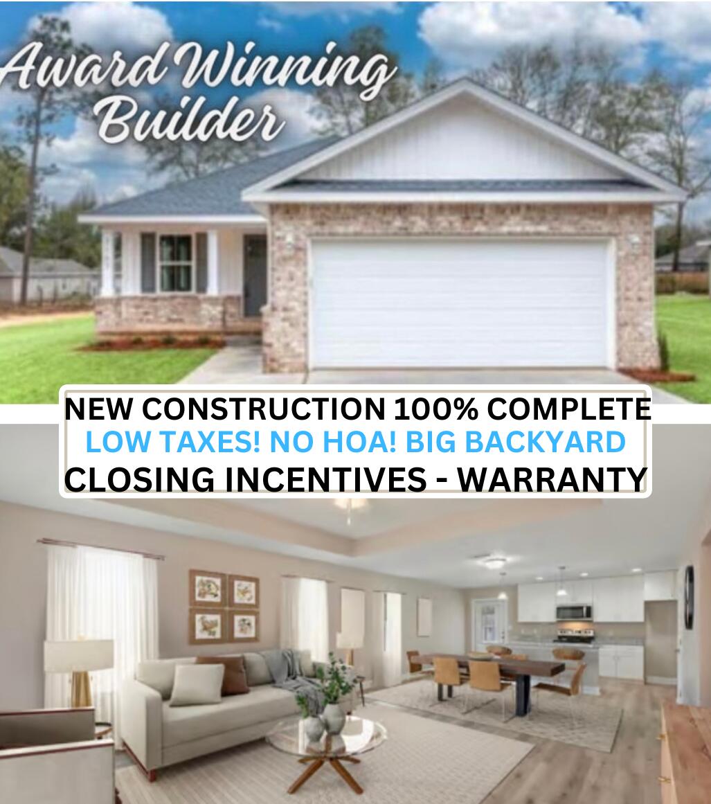 BRAND NEW! 100 % Complete, ready to close! Closing costs covered PLUS $5000 'any way you want it credit', can be used towards rate buy down, upgrades... you pick the deal that best works for YOU! NO HOA DUES and LOW COUNTY TAXES, saving you money EVERY MONTH on your mortgage payment.! Award Winning Builder!FLAT lot with room for a pool! This adorable 3 bd 2 bath home features open floor plan and s flooded with a ton of natural light, Why rent when you can own a new construction home and build equity to invest in your future? This affordable home is well appointed with LVP flooring throughout (no carpet), granite countertops throughout, white shaker wood cabinetry and stainless steel appliances.You'll have plenty of space on your property if you want to store your RV/boat/ or ''toys
