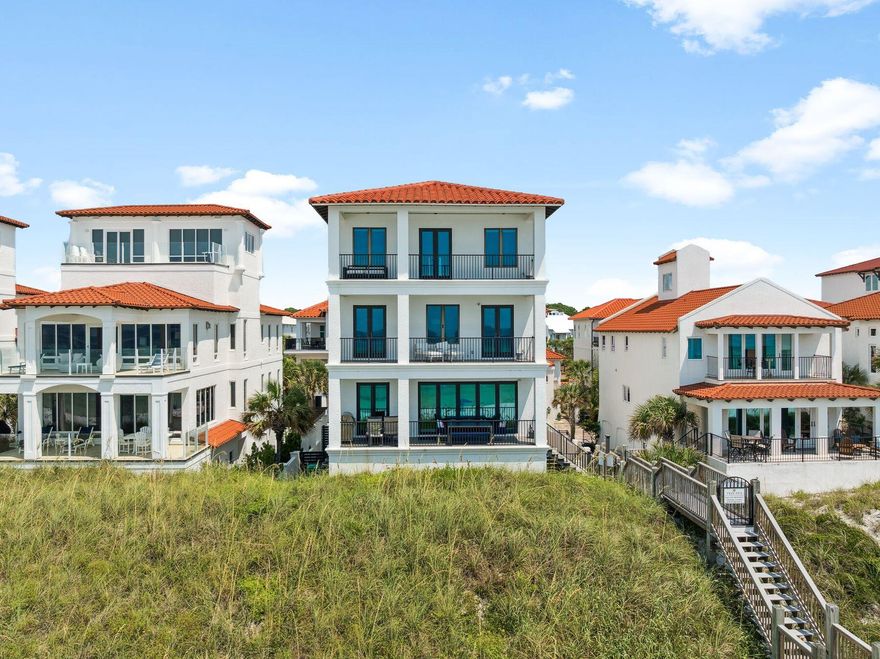 Welcome to your Gulf-Front Oasis! This stunning five-bedroom, five-bathroom home is located in an exclusive gated community along Scenic 30A. A true Gulf-front masterpiece, it blends contemporary design with refined coastal elegance to create a one-of-a-kind retreat.Designed for entertaining, the open-concept kitchen and living area flow seamlessly onto expansive decks overlooking the Gulf. The gourmet kitchen is a chef's dream, featuring Thermador and KitchenAid appliances, bespoke cabinetry, and a dramatic nano glass wall that opens to breathtaking views of the Gulf of Mexico. Six private balconies provide multiple vantage points for enjoying the shoreline, while a spacious media room with Gulf-front balcony access offers the perfect setting for movie nights or casual gatherings.

The top-floor primary suite is a private sanctuary, encompassing generous living and sleeping areas, a walk-in closet, and access to two balconies with sweeping lake and Gulf views. 

Additional features include a two-car garage with Tesla charger, two outdoor showers, a large laundry room, whole-home generator, and a private elevator serving all levels. Inside, shiplap walls, wood beam accents, and designer finishes add warmth and character throughout.

Recent upgrades (2025) include a new Generac whole-home generator, tankless water heaters, synthetic exterior paint protection, new A/C control and security panels, plus new appliances including an icemaker, washer, and dryer. Accordion-style hurricane glass doors, electric shades, imported Italian drapes, and a whole-house security system with cameras ensure comfort and peace of mind. Ample storage with bike and fishing mounts makes beach living effortless.

As a resident of Vizcaya, you'll enjoy over 1,000 feet of private beachfront, seasonal security, and a sparkling community pool-perfect for relaxing after a day by the Gulf.

This fully furnished Gulf-front retreat is move-in ready, offering timeless coastal elegance, modern upgrades, and the ultimate 30A lifestyle.