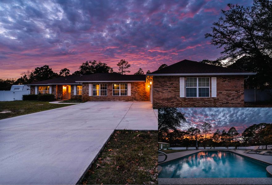 **Motivated seller offering $10K concessions for paint, closing costs, or interest rate buy down, etc** Want a pool home with a 4.75% interest rate?  Well, look no further! This unique 1-acre East Navarre personal oasis is an entertainer's dream! NO HOA! Featuring a crystal clear 16x32 saltwater gunite pool & extended pool deck with cooling protective coat, perfect for those endless summers. This property offers unparalleled exterior upgrades including: new driveway, RV gravel pad & 30 AMP hookup, & a detached building with insulation, vinyl plank flooring, electricity, split mini AC, Wi-Fi, covered deck. This detached unit could be outfitted as an additional dwelling unit, pool house, In-law suite, short term rental, etc. New vinyl privacy fencing & a cleared property grounds, underground electricity from the street & second storage shed ensures you will have the space & privacy needed for entertaining & tranquility. 

The extensive interior upgrades include: 18 mil commercial grade laminate flooring and 5 inch baseboards throughout, new solid core doors and frames, added split mini AC/heat in the Florida room, and a new high efficiency HVAC system (2023) for the main house. The chef's kitchen includes a 2020 suite of Samsung stainless steel appliances including a 6 burner gas stove with griddle, complemented by granite countertops, a breakfast island, and a pantry with roll-out shelving. New gas on-demand hot water heater ensures you will have an endless supply of hot water and comfort.

This spacious home includes a sunlit Florida room with skylights and tiled flooring, a living room with cozy fire place, a large bonus room and formal dining room adjacent to the kitchen provides the sprawling space needed to host gatherings for special occasions and holidays. Retreat to the primary suite with a fully tiled separated shower, whirlpool garden tub, and custom granite-top vanity. The guest bedrooms, located in a separate wing, share a spacious bathroom. The extra large laundry room inside the home provides added convenience to every day life.

The 2018 roof, gutter system, corrugated metal hurricane shutters, brand new solar power, and Vivint security system will provide the ideal durability and safety for years to come. 

This home is located in a highly desirable area, just minutes away from pristine white sugar sand beaches and the emerald waters of the Gulf of Mexico. Enjoy easy access to shopping, schools, and bases, making this a perfect blend of convenience and peaceful living.

Don't miss this rare opportunity to own a piece of paradise in East Navarre with a 4.75% VA interest rate! Contact us for a private tour and discover the possibilities this ultimate pool home delivers!
