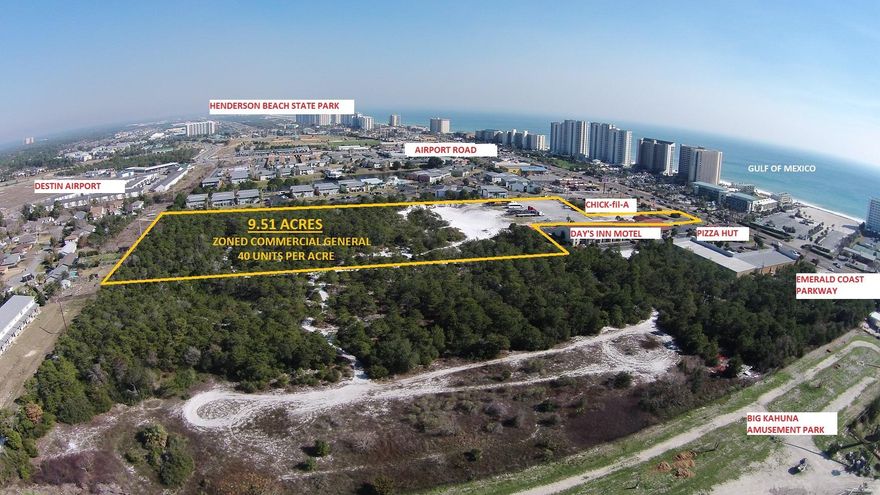One of the larger parcels of land in the heart of Destin. This 9.51+/- acre parcel is located on north side of Hwy. 98 across from the Gulf of Mexico near shopping, restaurants, amusement parks, and Henderson State Park. Parcel is zoned ''Commercial General'' with an allowable 40 units per acre for total of 389 units. The City of Destin has 3 Tiers of Development based on architectural, amenities, etc. Tier 1 allows 50' height or 4 stories. Tier 2 allows 130' height or 12 stories. Perfect for multi-family, condominium development, hotel/motel, or possible retail development. Retail based on floor area ratio 1.30 maximum. The City of Destin is considering a new Comprehensive Plan which would change the Future Land Use to Town Center Mixed Use. Property sold for $16M in 2004.