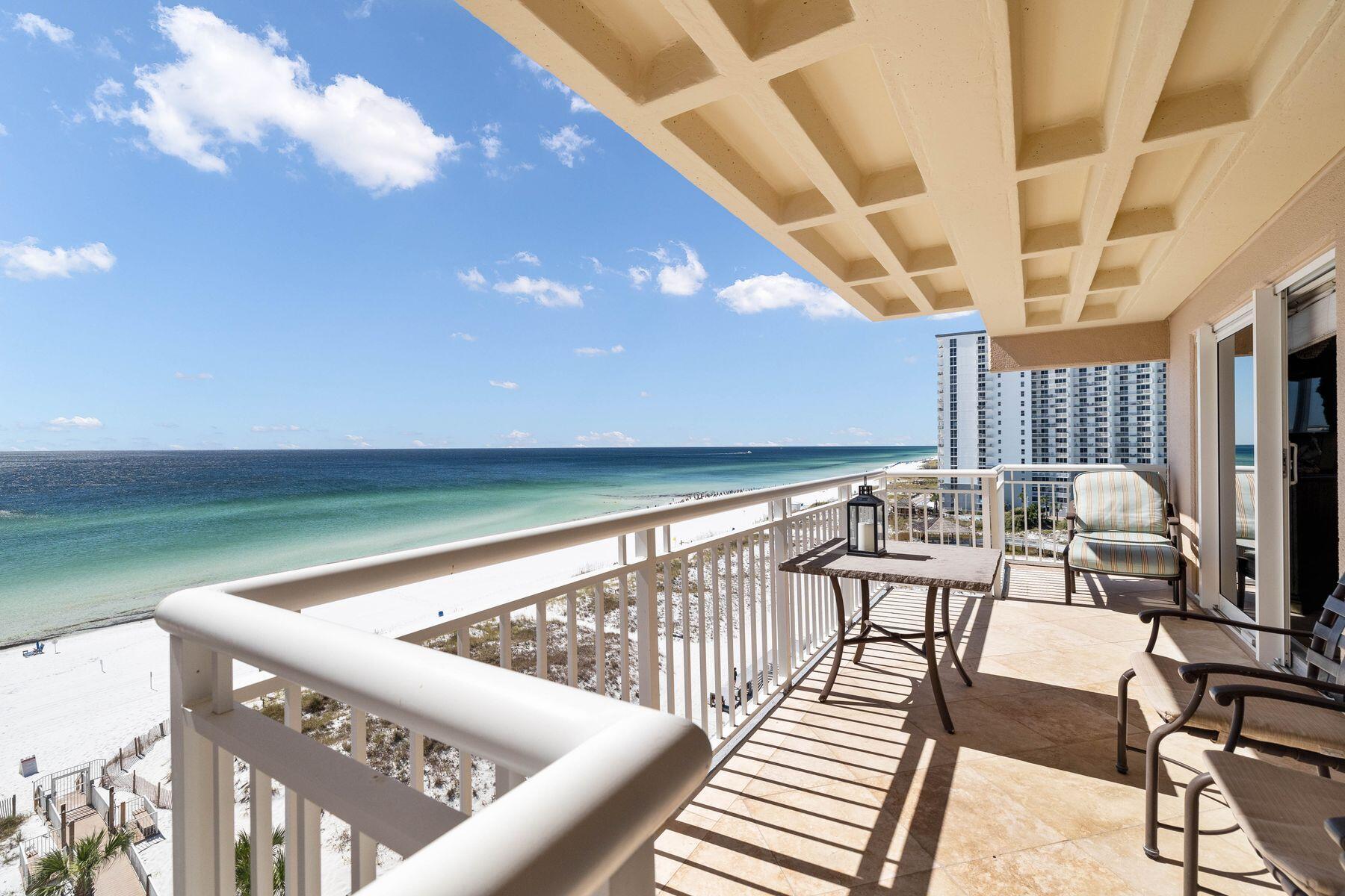 Escape to coastal elegance in this gulf-front 2 bedroom condo situated on the west end of the 8th floor of Destin Towers. Rarely available, this coveted location promises both an idyllic retreat and a rental investment opportunity. Step inside to discover 1306 square feet of professionally designed living space adorned with travertine flooring, granite countertops and tasteful furnishings throughout. Indulge in coastal living at its finest with two private balconies offering panoramic views of the gulf, perfect for savoring morning coffee or sunset cocktails. A fully equipped kitchen is ideal for whipping up breakfast before hitting the beach. It even includes a wine refrigerator for chilling your favorite vino.