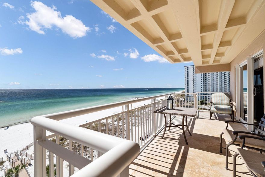 Escape to coastal elegance in this gulf-front 2 bedroom condo situated on the west end of the 8th floor of Destin Towers. Rarely available, this coveted location promises both an idyllic retreat and a rental investment opportunity. Step inside to discover 1306 square feet of professionally designed living space adorned with travertine flooring, granite countertops and tasteful furnishings throughout. Indulge in coastal living at its finest with two private balconies offering panoramic views of the gulf, perfect for savoring morning coffee or sunset cocktails. A fully equipped kitchen is ideal for whipping up breakfast before hitting the beach. It even includes a wine refrigerator for chilling your favorite vino.