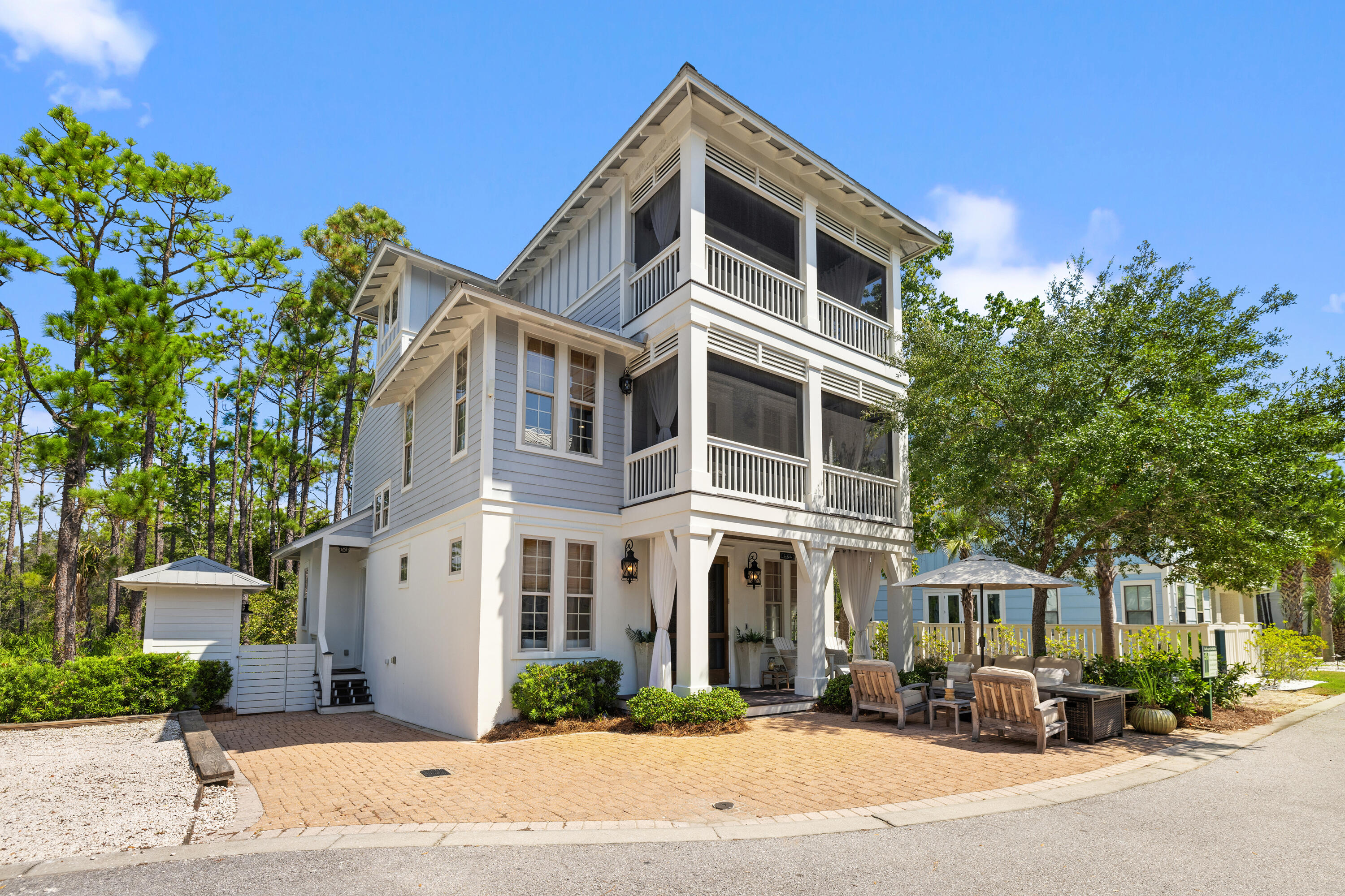 Treetop is nestled between the infamous 30A communities of Rosemary Beaches and Alys Beach with double gates accessible on Highway 98 and the back Seacrest gate for exclusivity.Located at the end of a cul-de-sac, ''Treetop Shores'' is a 3-story coastal retreat with the perfect backdrop in which to create beach memories of a lifetime It is a short stroll to the neighborhood pool surrounded by palm trees and vegetation and a quick ride to the deeded beach access South of 30A.One of the many highlight of this coastal cottage is the outdoor living space. Featuring a paved al fresco sitting area and two fire pits and outdoor shower backing to the woods create a private oasis. An additional storage building is perfect for the beach cruisers. This stunning four bedroom, four bath cottage boasts covered porches on every level. Step inside this meticulously designed home with an abundance of natural light that floods the open-concept living space. The main level showcases a living room perfect for entertaining guests or relaxing with family. The modern kitchen is a chef's dream, with a gas cook top and in the center island as the focal point of the open kitchen. Complete with miele espresso maker, wine refrigerator, stainless steel appliances, quartz counter tops, and a dining area with built in benches.
Off the living area on the first level features the first bedroom with a hallway bath convenient for guests. Leading from the downstairs bedroom is hallway entrance that leads to the laundry suite and the outdoor shower providing easy access after a day at the beach.
On the second floor one of the many custom highlights of this home is the bunk room, featuring four built-in bunks with ensuite bath. This room is the perfect place for guests, providing comfortable accommodations and a fun, inviting atmosphere. Capitalize on rental income by offering this unique sleeping arrangement to vacationers, maximizing the home's potential for investment. All furnishings convey creating a turnkey opportunity for the new owners.
The second and third levels offer two additional bedrooms with ensuite baths and screened-in porches overlooking the treetops. Tranquil and serene views of the surrounding lush greenery provide the ideal spot for enjoying your morning coffee, reading a book, or unwinding after a day at the beach.
"Treetop Shores" is situated at the end of a quiet cut-de-sac with overflow parking adjacent to the long driveway. Every detail has been thoughtfully considered, ensuring a seamless transition into your beach paradise. Whether you plan to enjoy this property as a personal retreat or as an investment opportunity, everything you need is already in place.
The deeded beach access is accessible by a convenient shuttle service that will pick you up at the home and transport you directly to the beach access located at the Villas at Sunset Beach Condos South of 30A.