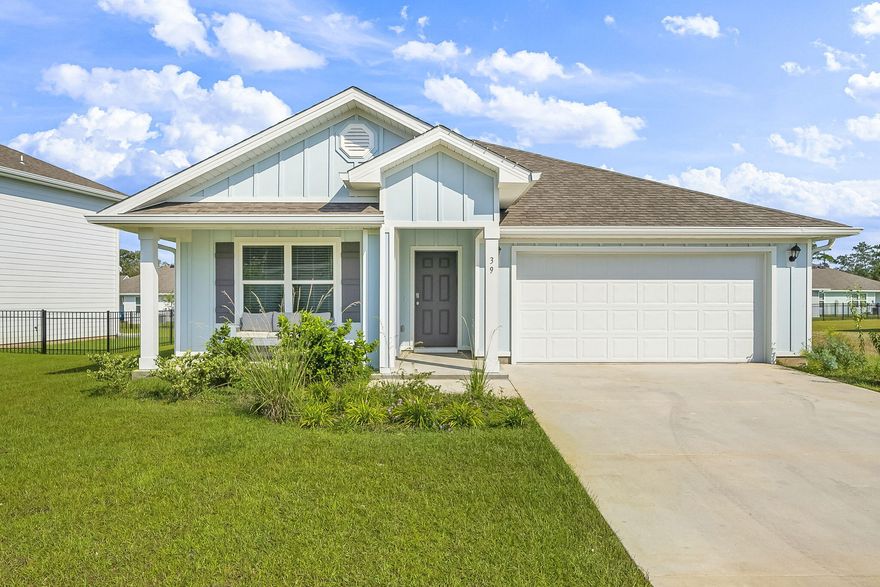 Welcome to Riverwalk This sought-after community offers so much to enjoy -- a sparkling pool with lounge area, clubhouse, fitness center, and a scenic boardwalk with dock access to Four Mile Creek, which flows into LaGrange Bayou and the Choctawhatchee Bay. Plus, you're just 10 miles from the sugar-white sands of the Emerald Coast beaches, with shopping and dining nearby.This beautiful home, only one year old, is move-in ready. The floor plan includes four spacious bedrooms, two full bathrooms, and a separate laundry room, all finished perfectly with LVP flooring throughout. The primary suite is a true retreat, featuring a large bedroom, walk-in closet, double vanity, a nice freestanding shower, and a relaxing garden tub. The open-concept living area is designed for both everyday living and entertaining. The kitchen shines with quartz countertops, stainless steel appliances, and a center island with seating for four.

For added convenience, this home comes complete with a washer and dryer included.

Step outside and enjoy a covered front porch perfect for morning coffee, and a covered back porch that overlooks a large, flat yard  ideal for family gatherings, weekend barbecues, or even a cozy fire pit setup. There's plenty of room to play, relax, and make the space your own.