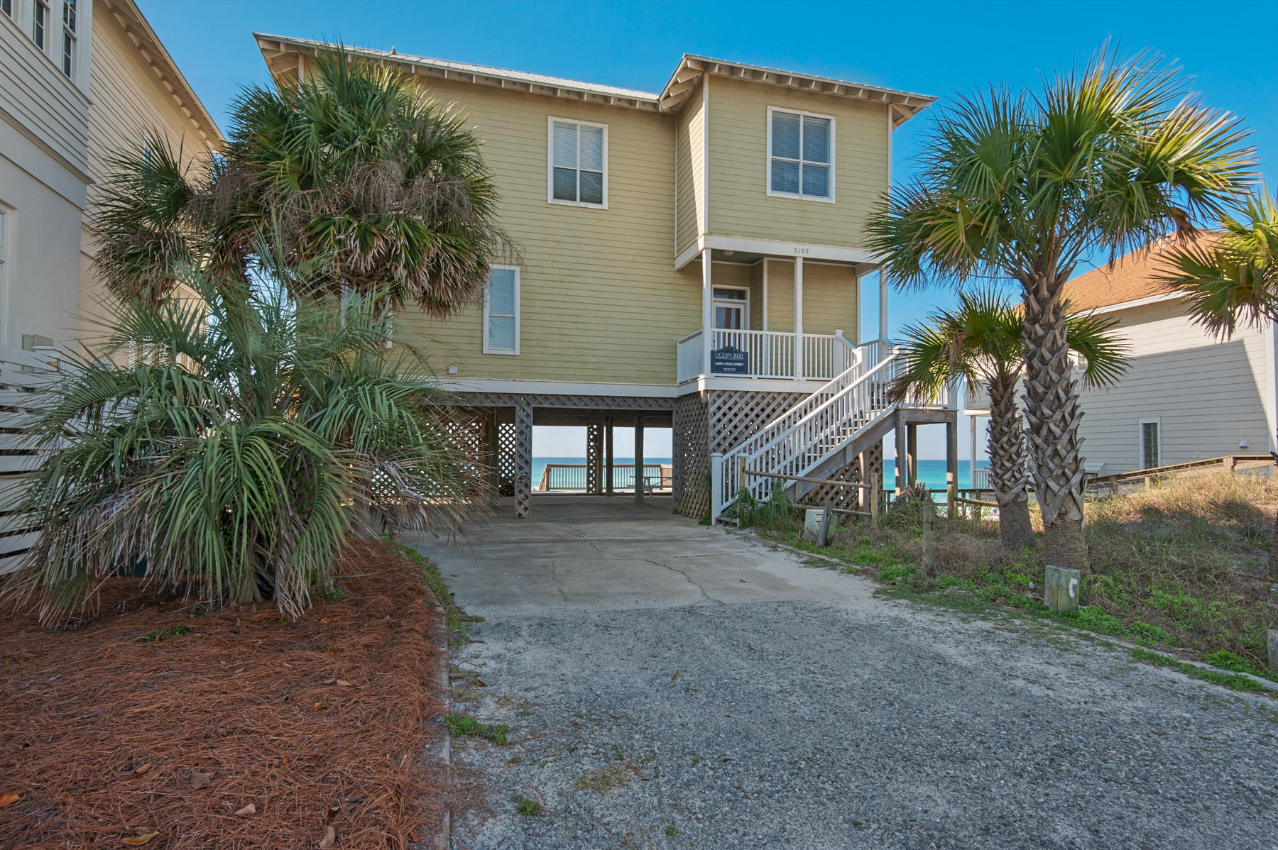 Santa Rosa Sunset is located on a 60 x 150 lot just West of the Vizcaya community along a quiet stretch on the West end of 30-A. This 4 bedroom home features a master on the main floor along with an open kitchen/living/dining area.  Kitchen and baths have been updated in a neutral color palette. The second floor has 3 additional bedrooms with 2 baths. The outdoor covered porches span the entire width of the home and offer unobstructed gulf views East and West. This home is currently a vacation rental generating $130K in gross revenue. Bookings at time of contract will need to be honored by buyers through Ocean Reef.