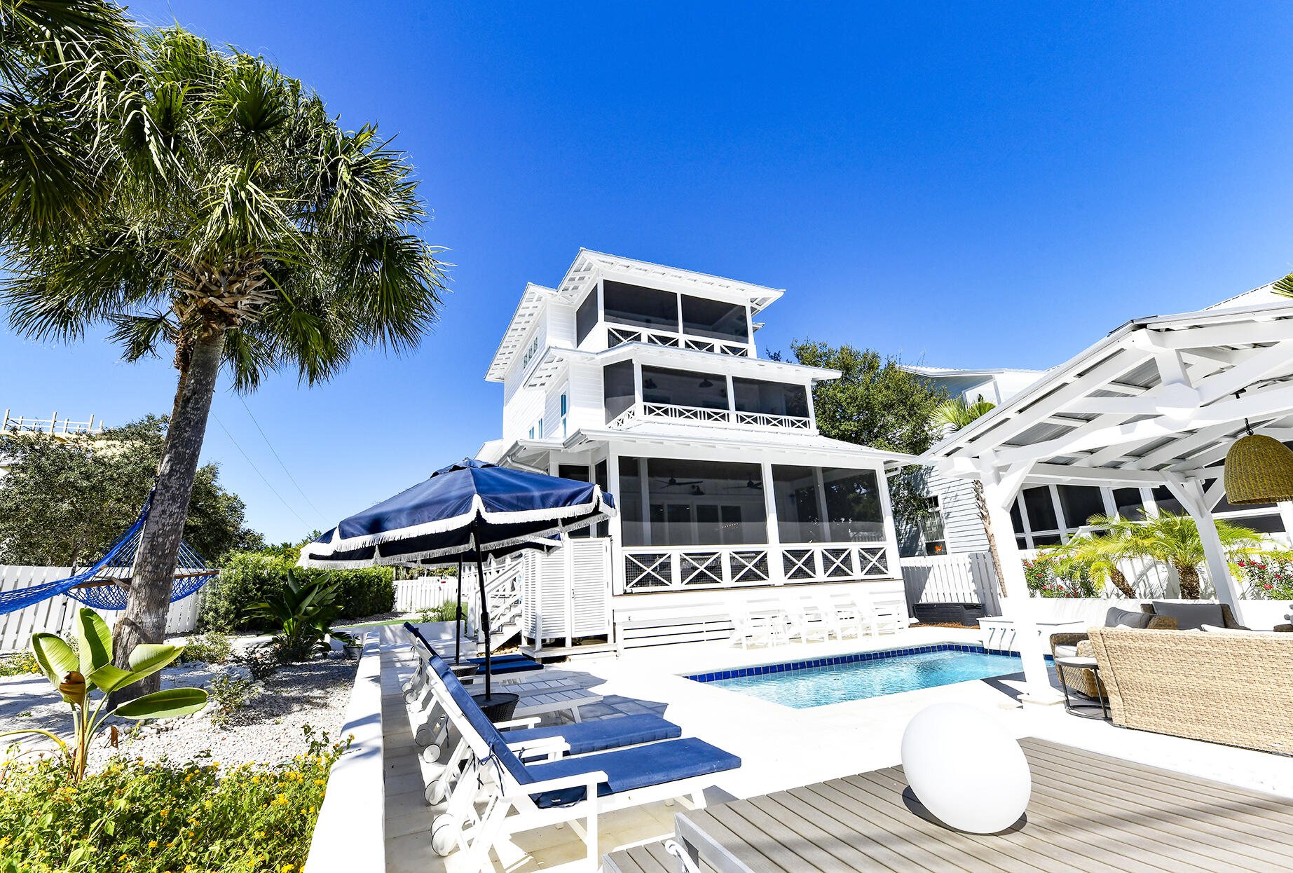 ** South of 30A**Relocation Sale !! Exquisite Custom home completely Refreshed in 2022. This amazing 5-bedroom,4-baths showcase house is nestled on an oversized corner lot in Seagrove Beach Florida. Perfect for primary residence or luxury vacation paradise, providing an immediate feeling of relaxation .Open floor plan ,with crisp white chef's kitchen, high end appliances, oversized white quartz island ,coastal living cabinetry ,floor to ceiling white shiplap, euro sliding doors opening to a magnificent  porch overlooking the pool. Master suite includes fireplace, sitting area, wet bar ,walk-in closet , soaking tub & private porch. Amazing  kids bunk room and guest suites .Serene outdoor living ; cabana,  ,fireplace, grilling area , hammocks ,outdoor shower and kids  play area.so much more.