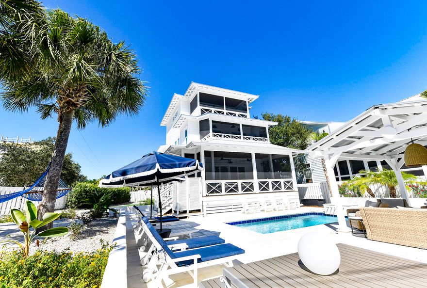 ** South of 30A**Relocation Sale !! Exquisite Custom home completely Refreshed in 2022. This amazing 5-bedroom,4-baths showcase house is nestled on an oversized corner lot in Seagrove Beach Florida. Perfect for primary residence or luxury vacation paradise, providing an immediate feeling of relaxation .Open floor plan ,with crisp white chef's kitchen, high end appliances, oversized white quartz island ,coastal living cabinetry ,floor to ceiling white shiplap, euro sliding doors opening to a magnificent  porch overlooking the pool. Master suite includes fireplace, sitting area, wet bar ,walk-in closet , soaking tub & private porch. Amazing  kids bunk room and guest suites .Serene outdoor living ; cabana,  ,fireplace, grilling area , hammocks ,outdoor shower and kids  play area.so much more.
